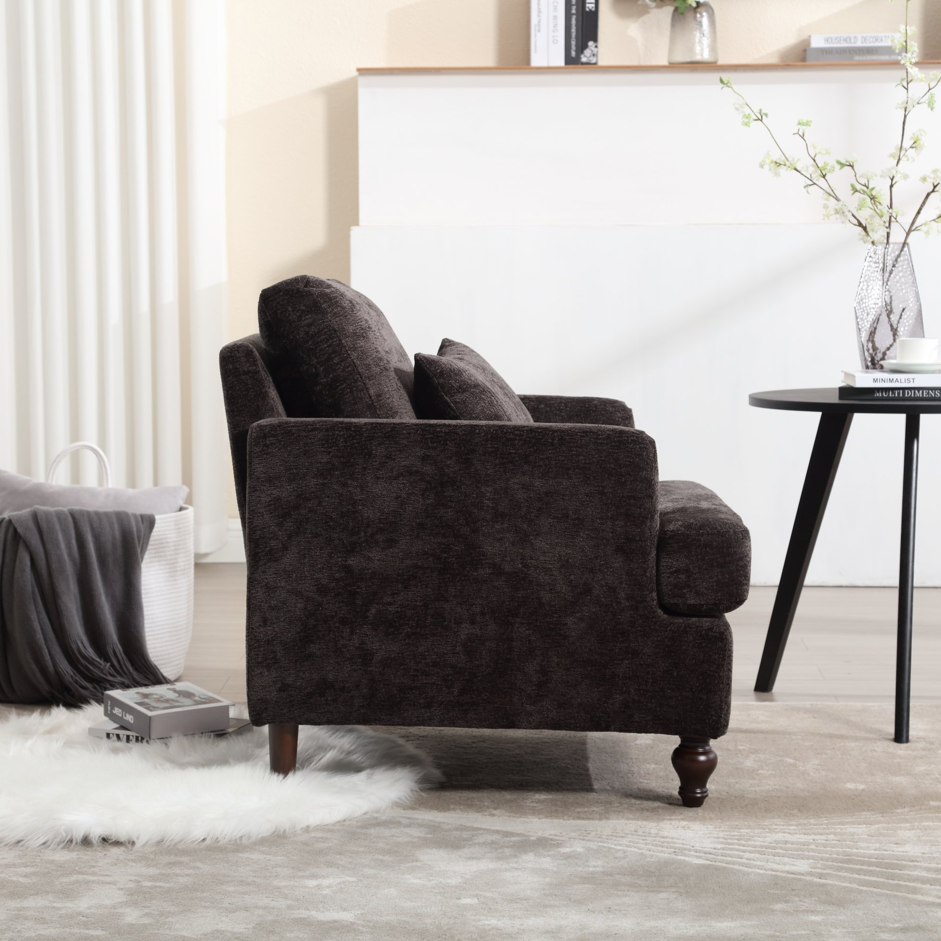 Modern Accent Chair Lounge Chair Chenille Tufted Club Chair Mid Century Arm Chair With Solid Wood Frame - Black - Image 8