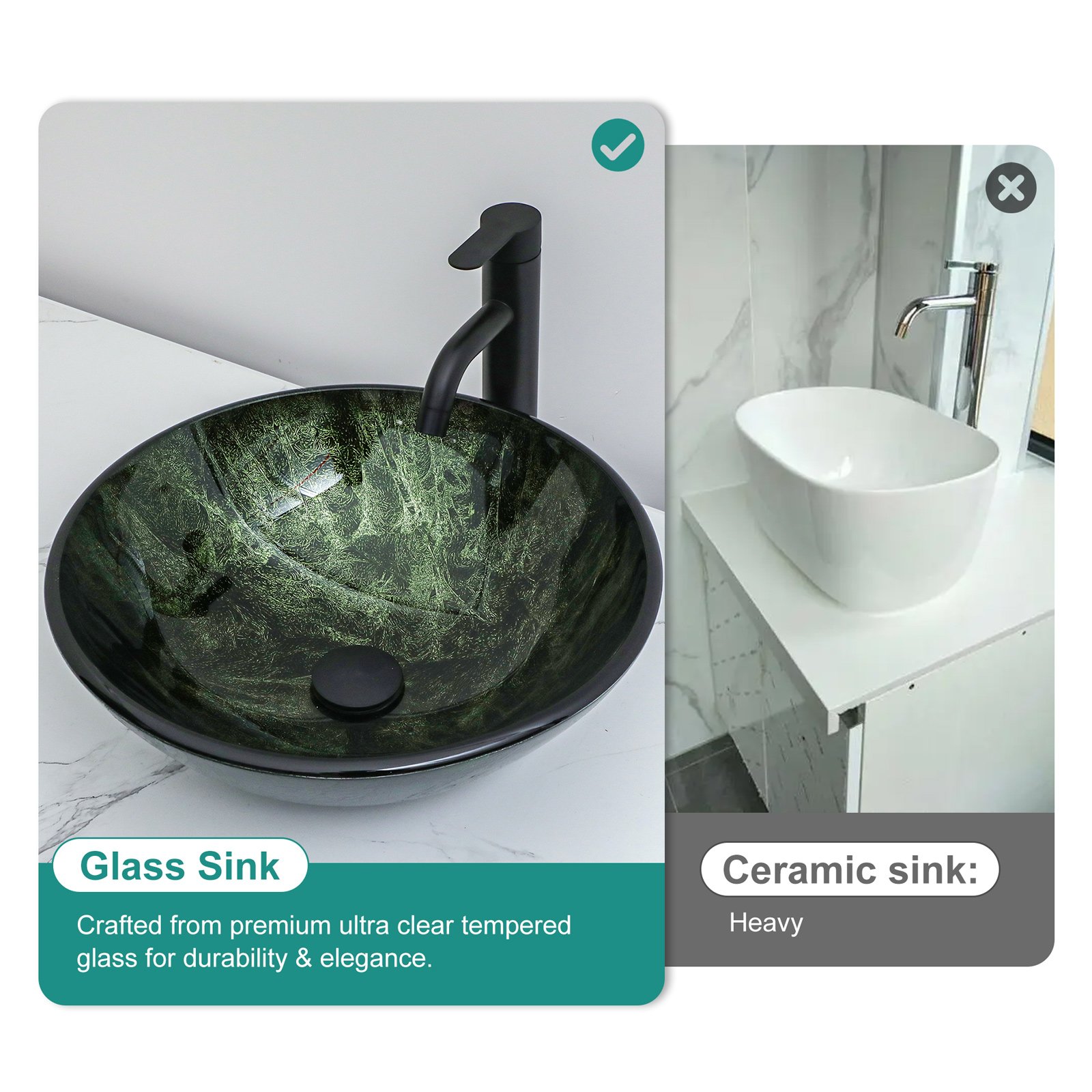 Vessel Sink With Faucet And Pop Up Drain, Natural Marble Texture Bathroom - Green - Image 2