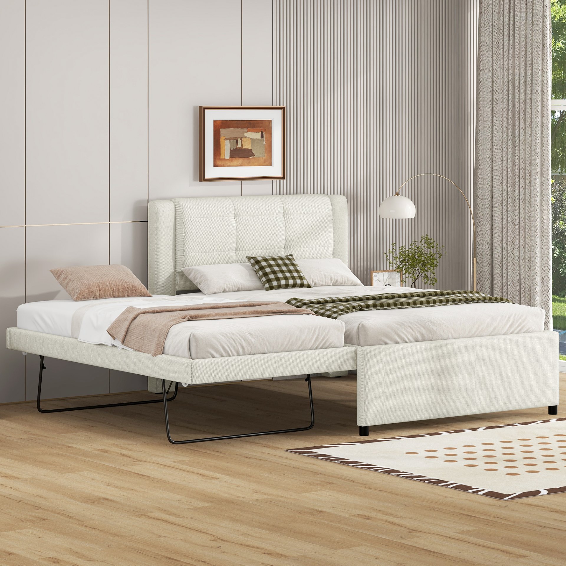 Full Size Upholstered Platform Bed With Adjustable Trundle - Beige - Image 4