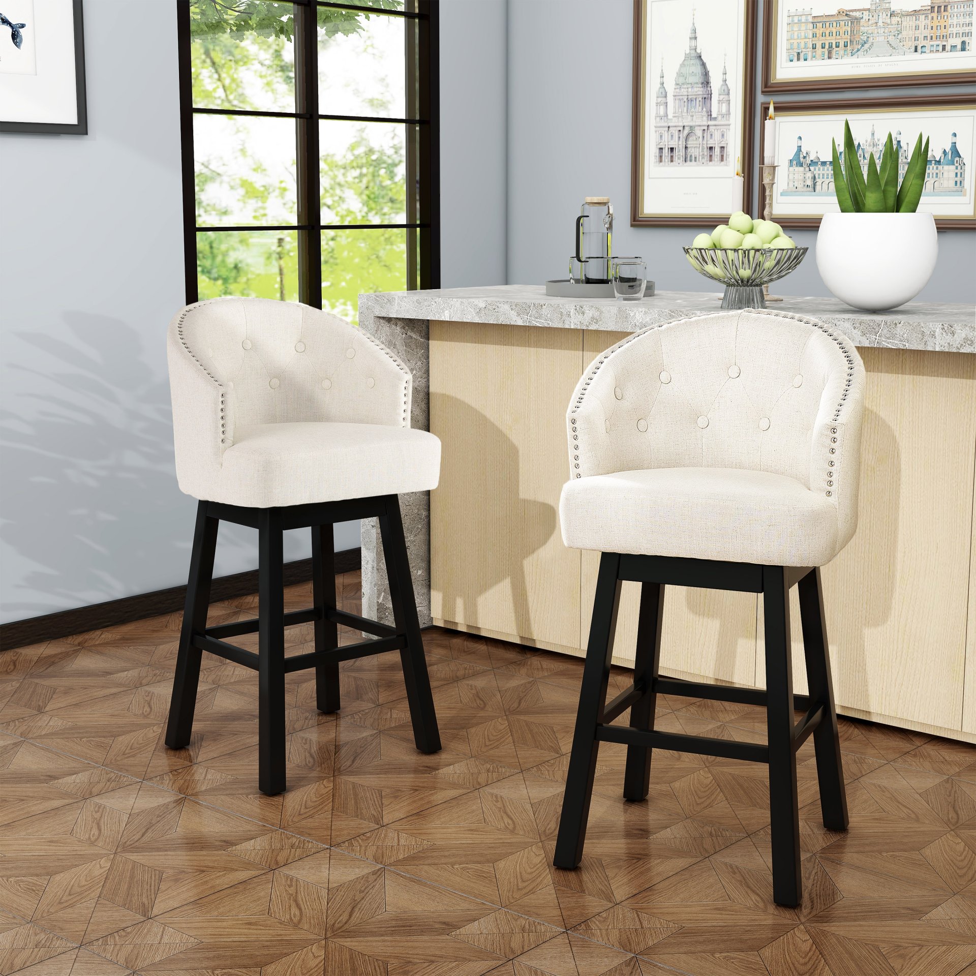 360 Degree Swivel Bar Stool With Stunning Nailhead Trim (Set of 2) - Beige - Image 2
