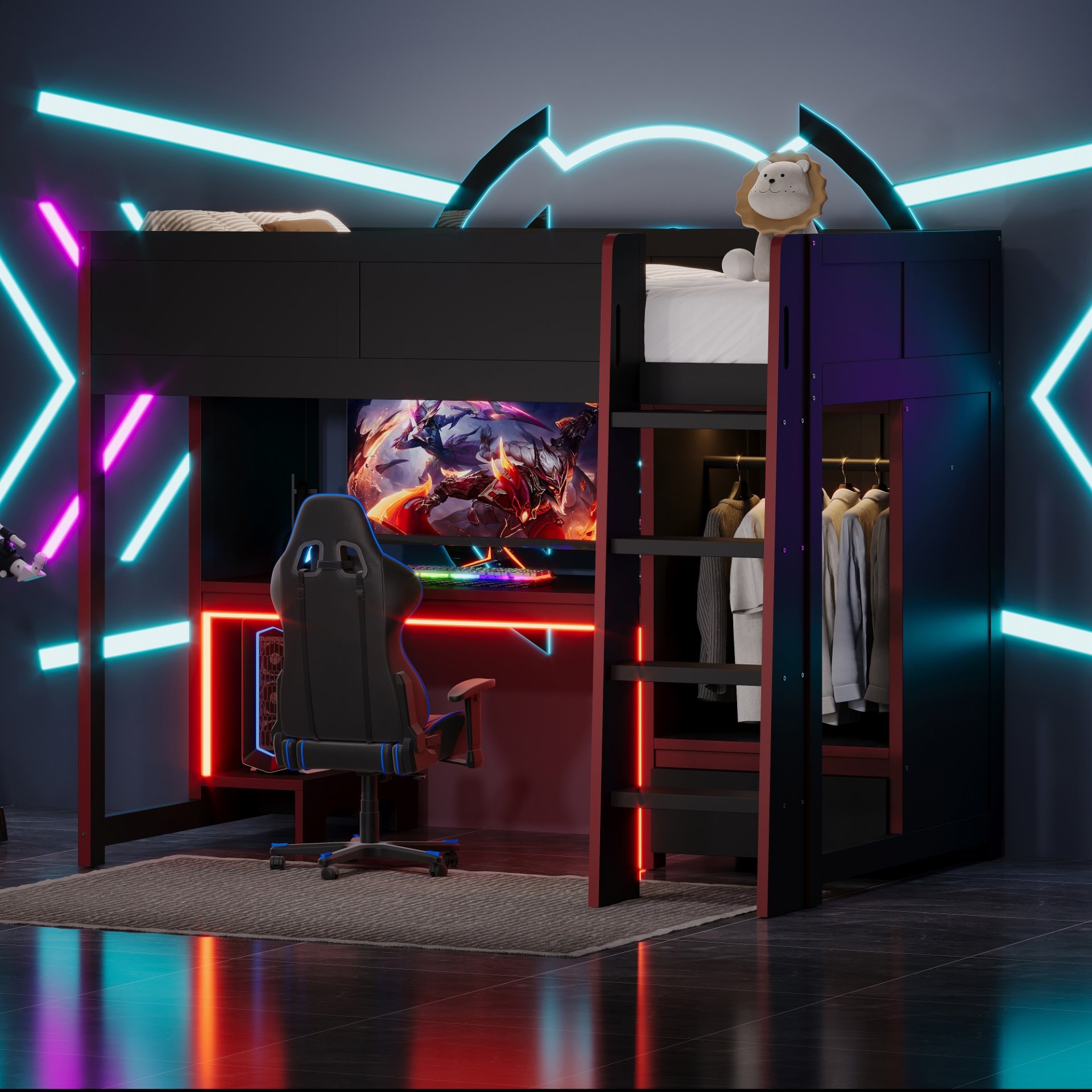 Twin Size Gaming Loft Bed With Built In Desk, Wardrobe, LED Lighting And Drawer - Black - Image 5