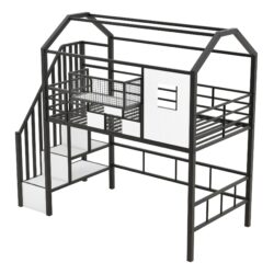 Loft Bed With Roof Design And Storage Box, Twin, Frame With Guardrails And Integrated Ladder - Black