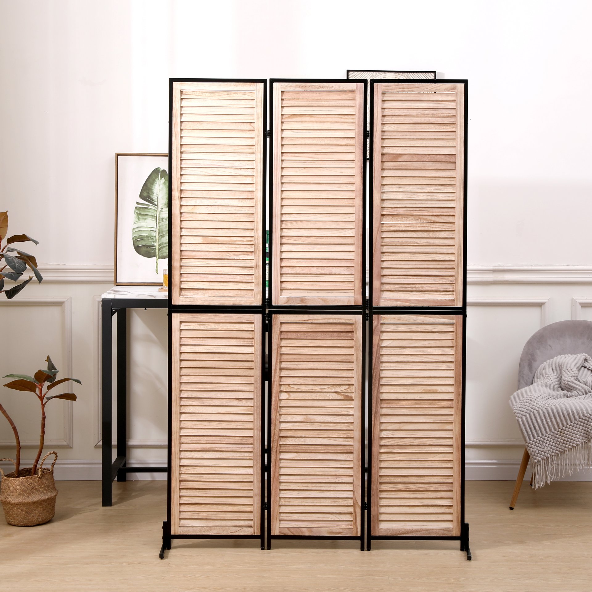 Rustic 3 Panel Room Dividers And Folding Privacy Screen Wooden Room Partitions 6Ft Wall Divider - Natural - Image 3