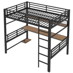 Full Size Loft Bed Frame With Storage Shelf And LED Light - Black