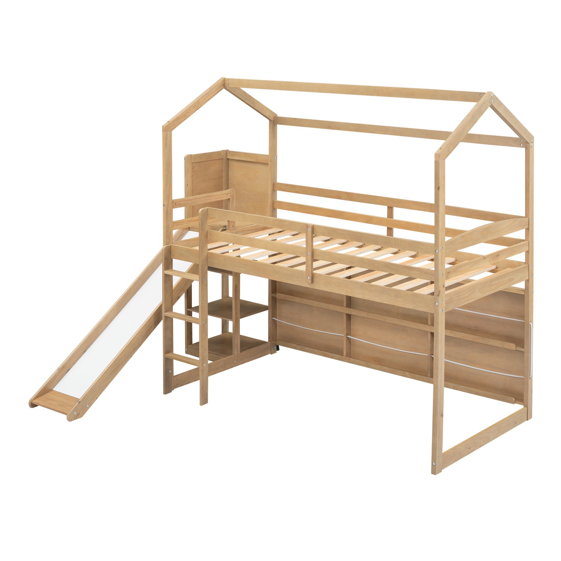 Twin Size House Loft Bed With Slide, Storage Shelves And Light, Climbing Ramp - Wood - Image 7