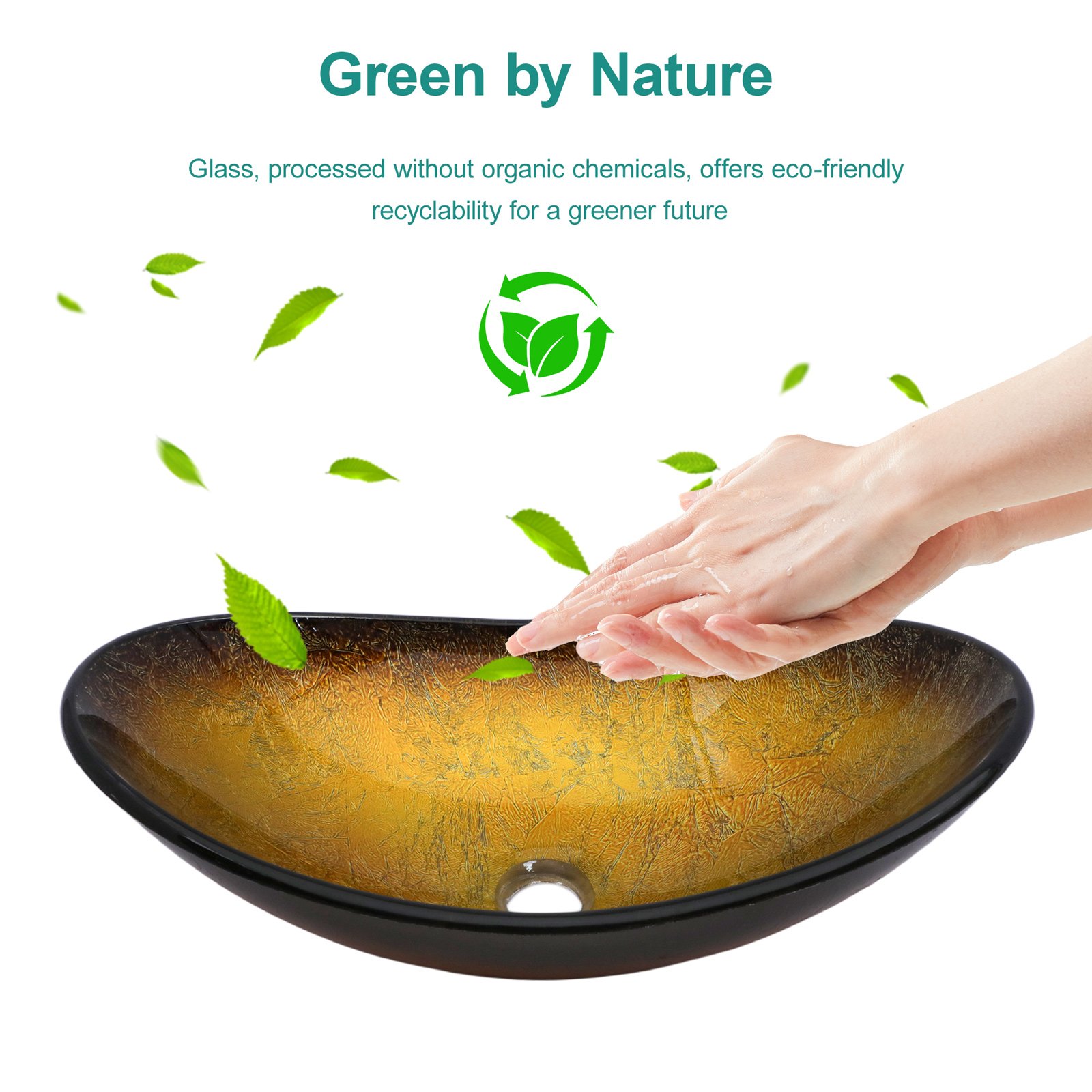 Vessel Sink With Pop Up Drain, Boat Shape Above Counter Bathroom Sink - Gold - Image 4