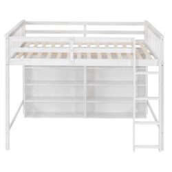 Full Size Loft Bed With 8 Open Storage Shelves And Built In Ladder - White