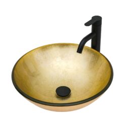 Textured Vessel Sink With Faucet And Pop Up Drain, Round Bowl For Bathroom Vanity - Gold