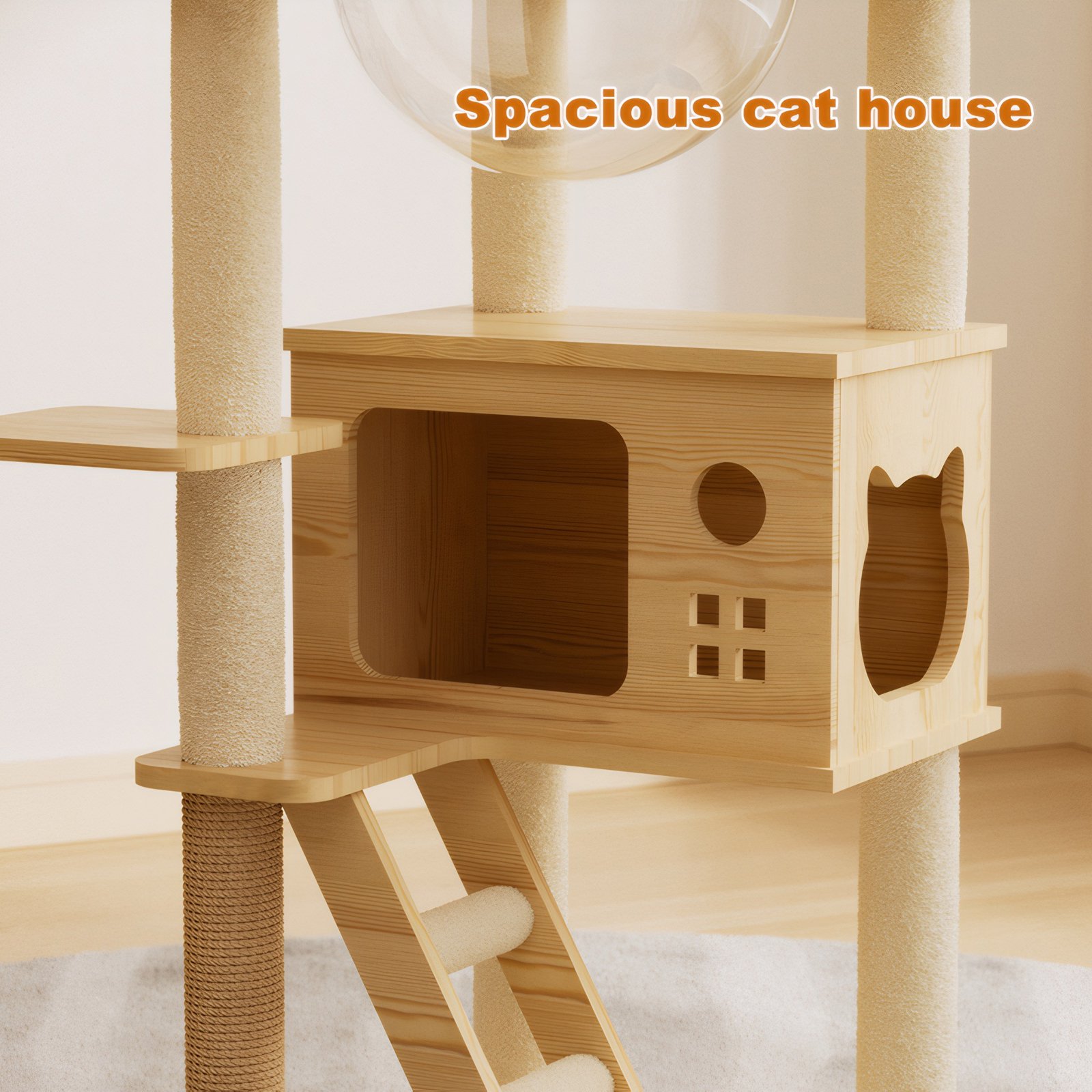 Modern Cat Tower, Wood Cat Tree Tower For Indoor Cats, Cat Tree With Sisal Covered Scratching Posts And Top Perch - Natural / White - Image 5