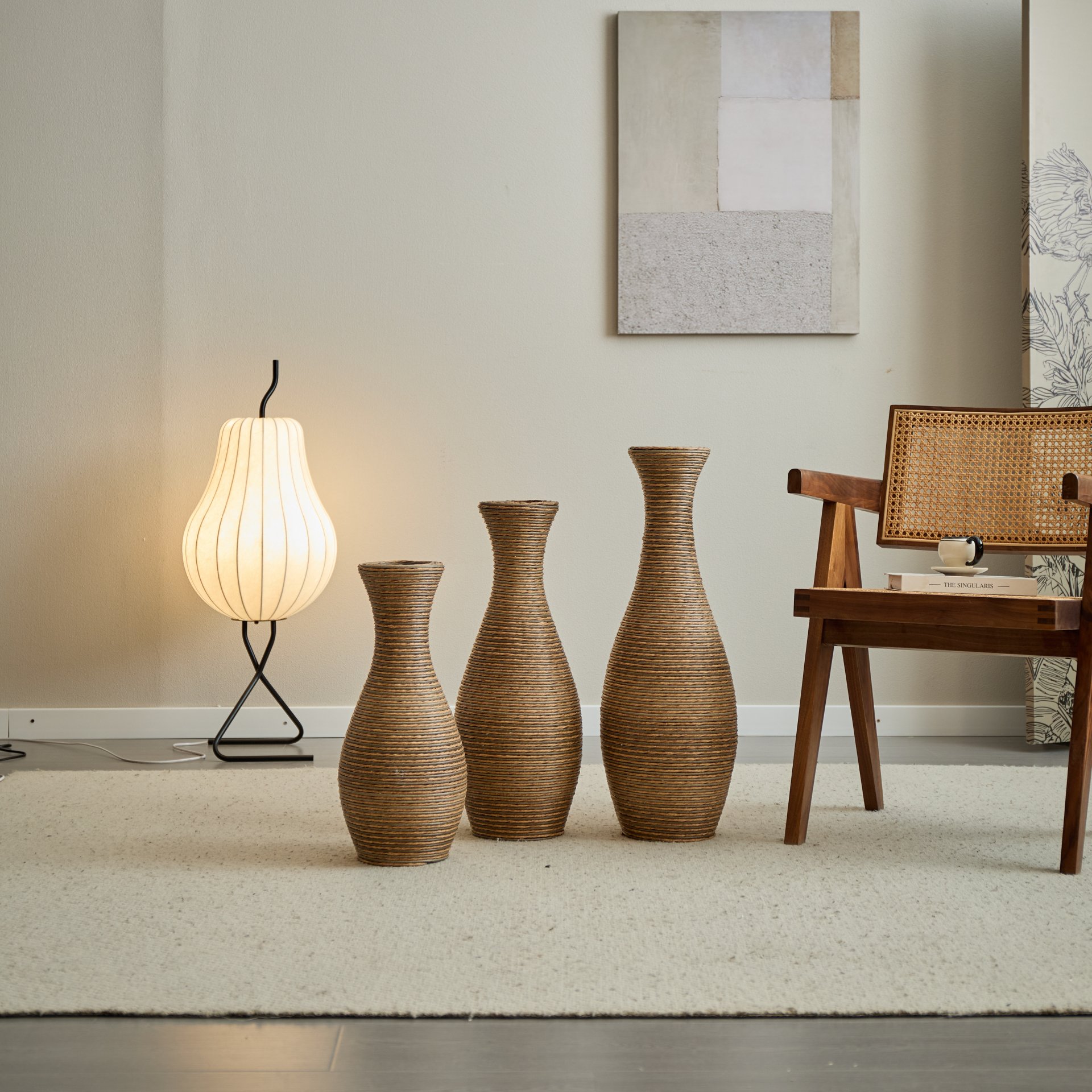 3 Piece Artificial Rattan Floor Vase Set Decorative Accent For Living Room, Hallway & Entryway, Ideal For Dried Or Silk Flower Arrangements - Beige - Image 18