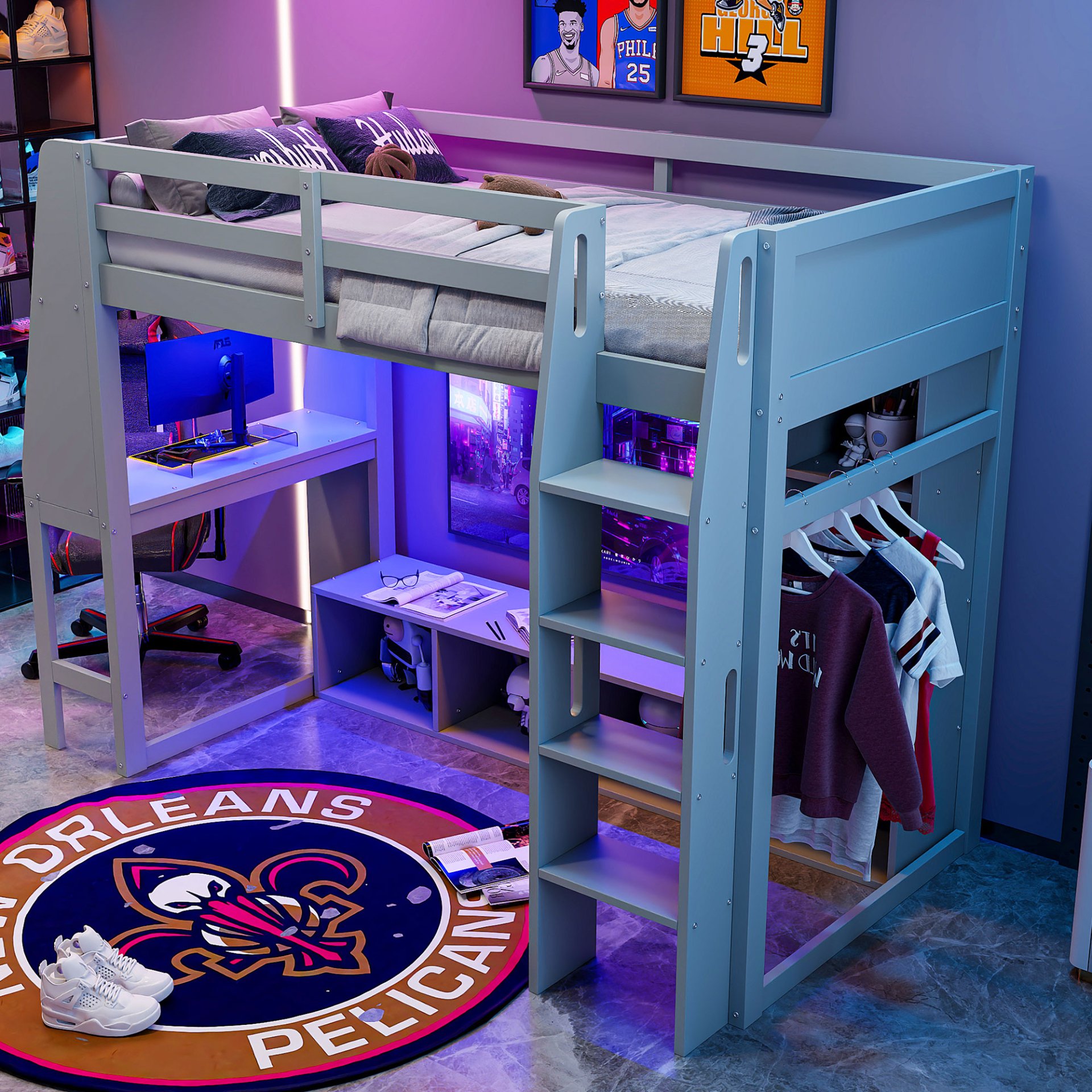 Twin Size Gaming Loft Bed With Desk, Multi Storage Shelves, LED Lighting, And Hanging Clothes Rack - Gray - Image 5