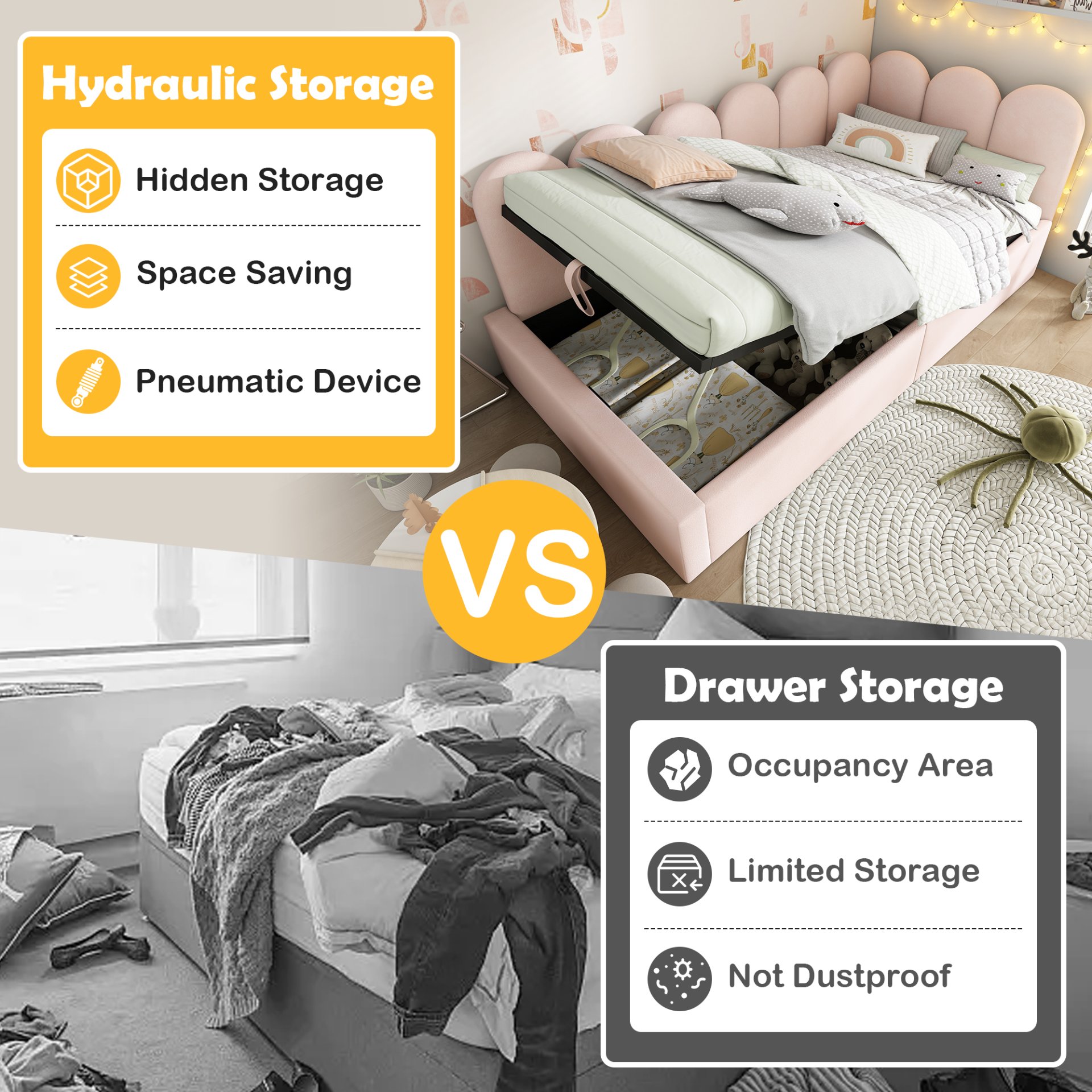 Twin Size Sofa Bed Frame With Slatted Base Daybed With Hydraulic Storage - Pink - Image 7