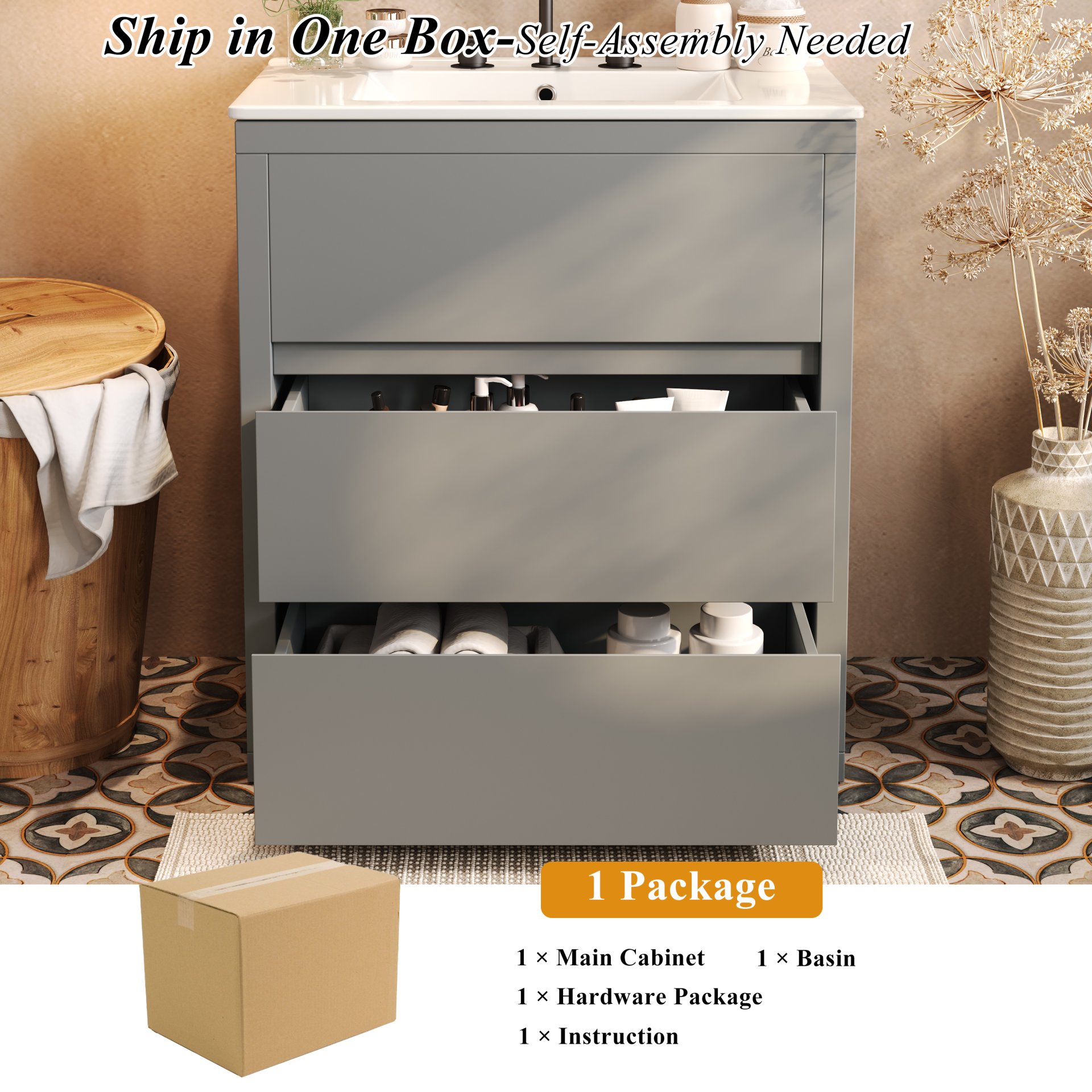 Freestanding Bathroom Vanity With Sink, 2 Full Extension Drawers, Soft Close Slides - Gray - Image 9