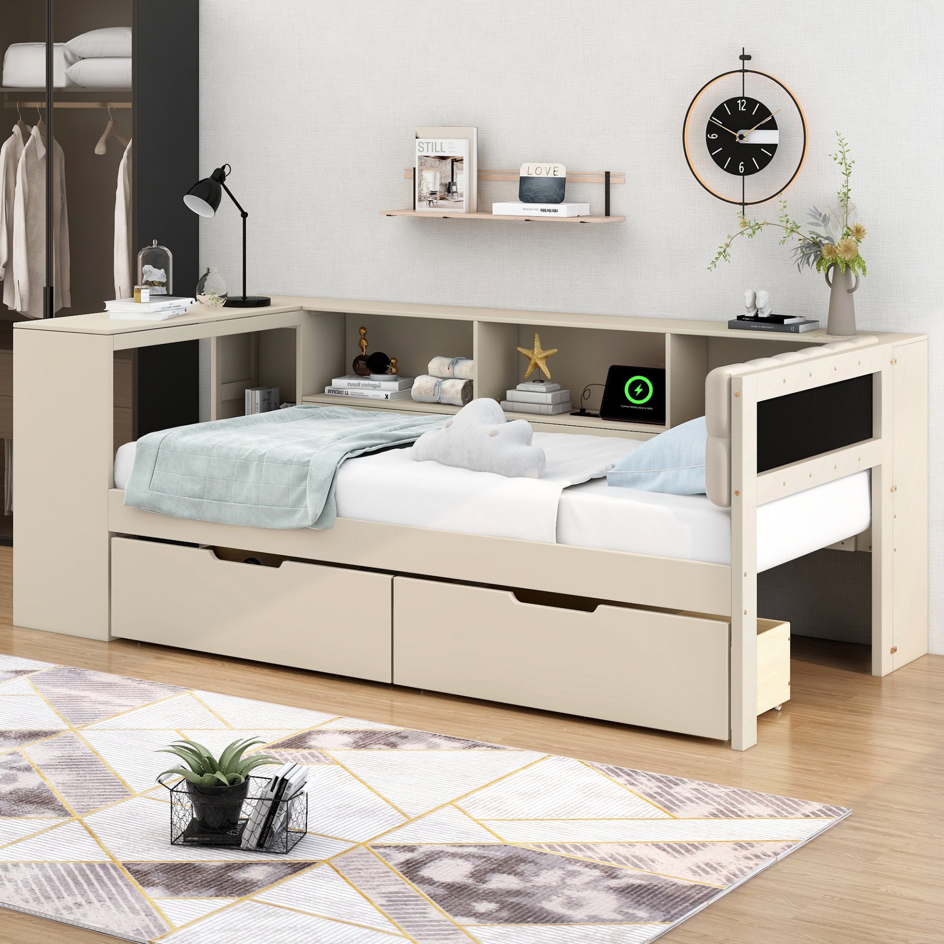 Upholstered Headboard Twin Size Platform Bed With Storage Shelves, Drawers, Charging Station - Cream - Image 5