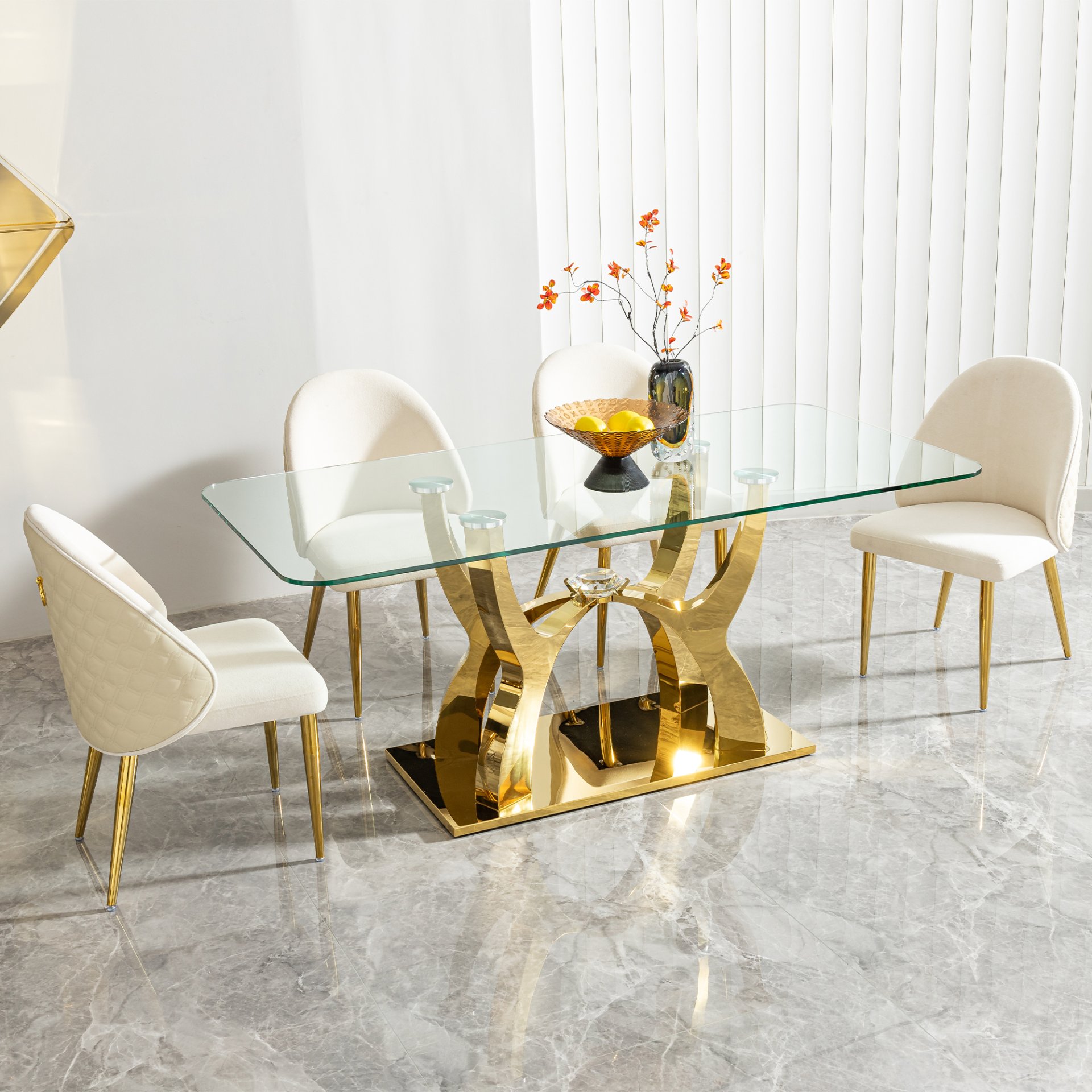 Tempered Clear Glass Rectangular Dining Table With Stainless Steel Base - Gold - Image 8