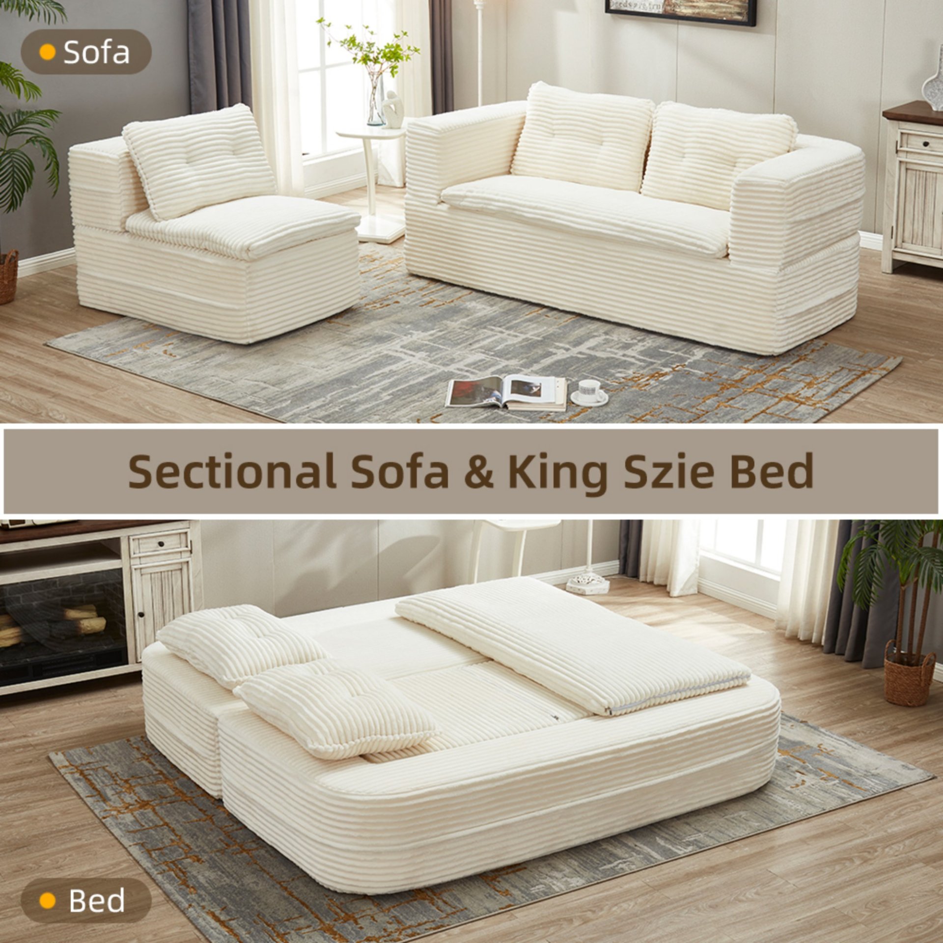 Multi Functional Sectional Sofa Bed With Independent Chaise Lounge And Functional Blanket - Beige - Image 19