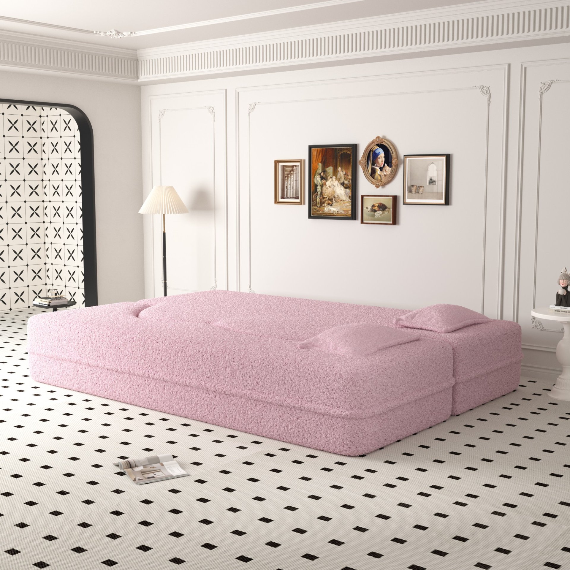 Modern Floor Sofa With 2 Pillows, Convertible Teddy Fabric Foam Filled Sleeper Sofa Bed, Full Size Folding Mattress For Living Room Guest Bed, Playroom, No Assembly Required - Pink - Image 5