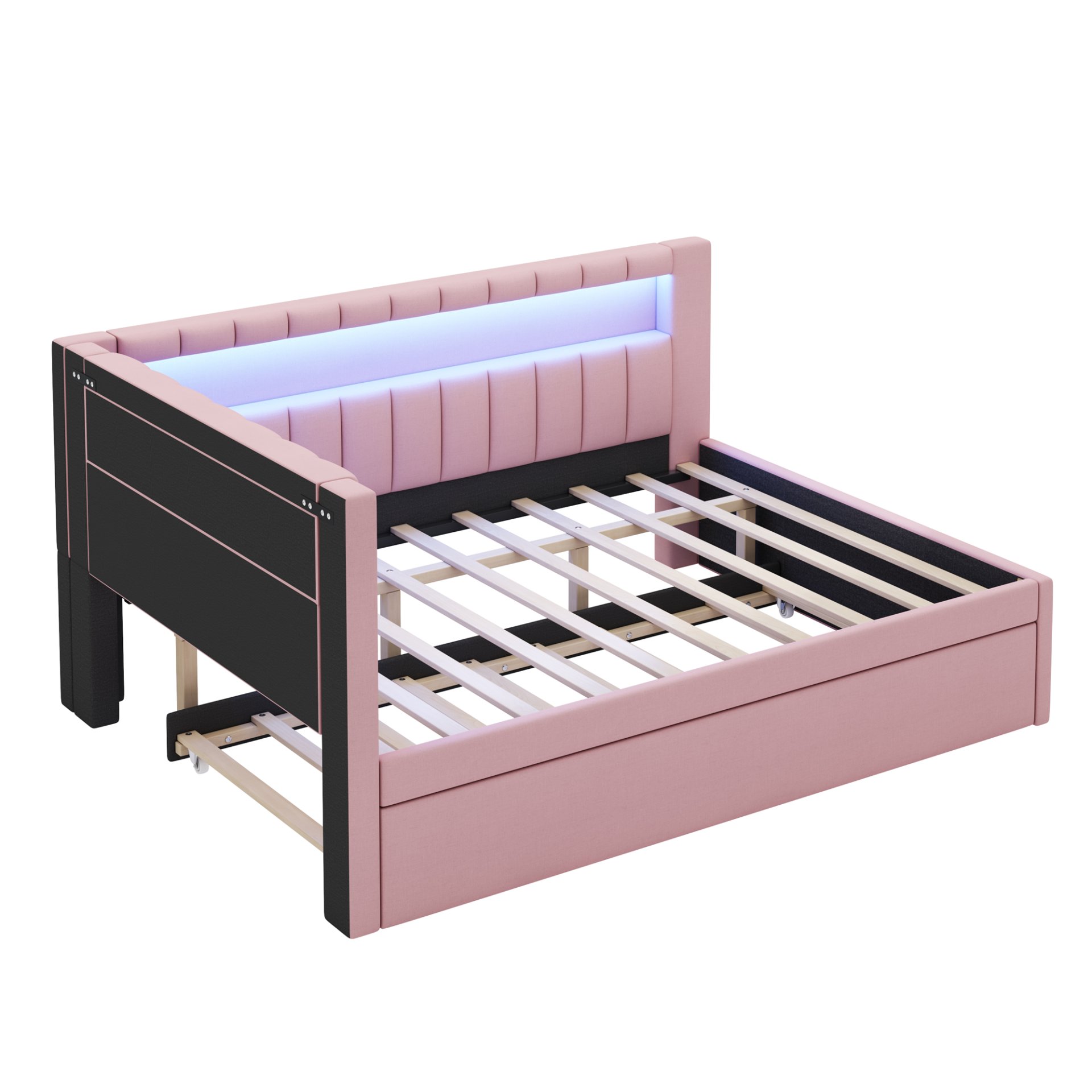 Full Size Upholstered Platform Bed With USB Ports, LED Belt And Trundle - Pink - Image 9