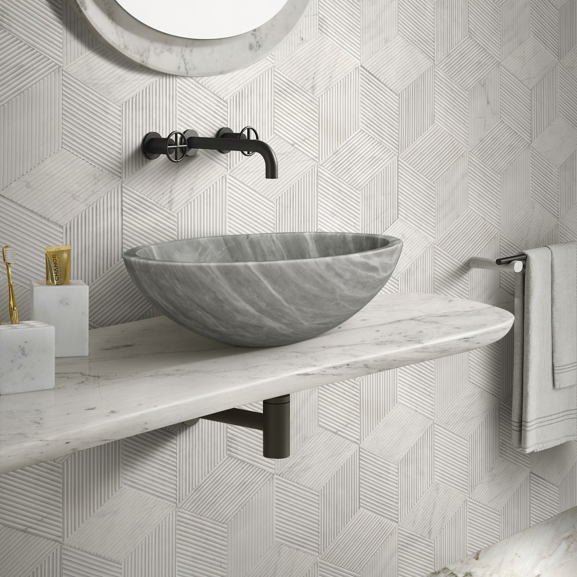 Bathroom Vessel Sink, Semi Polished Surface, Genuine Real Marble - Gray - Image 5