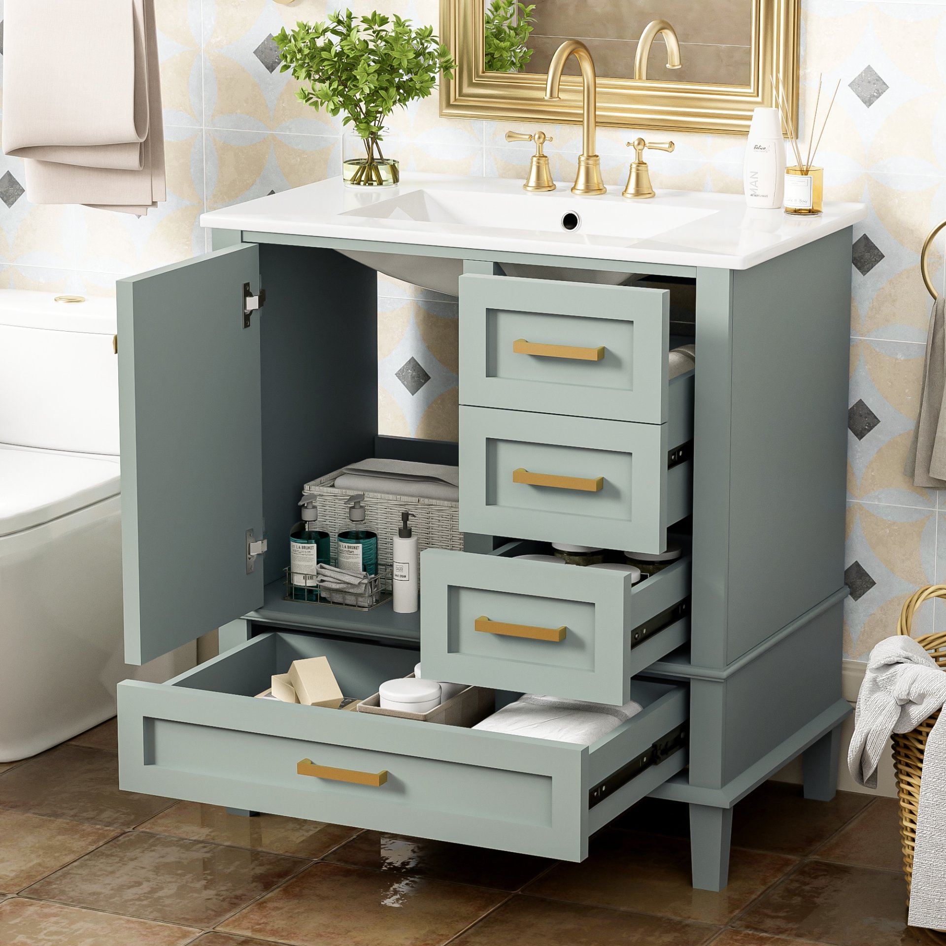 30" Bathroom Vanity Set With Sink, Featuring Soft Close Doors, And 3 Drawer Design - Sage Green - Image 5
