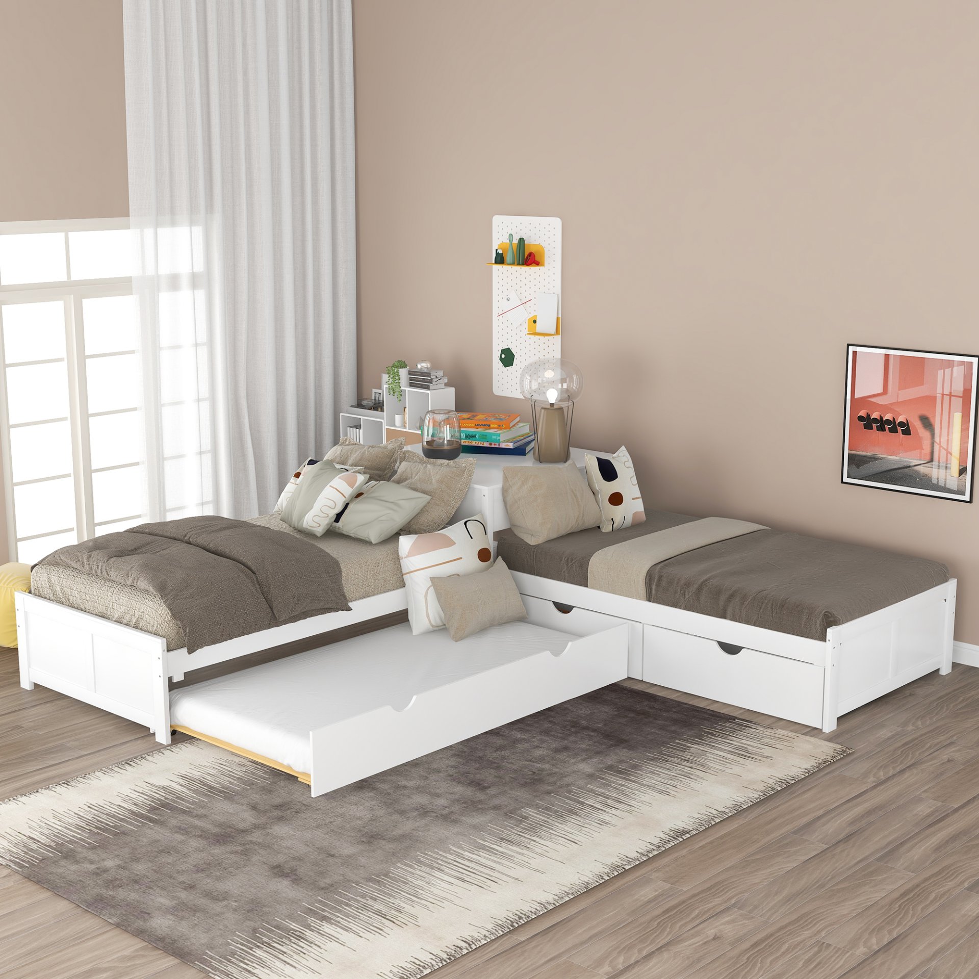 L-Shaped Platform Bed With Trundle And Drawers Linked With Built In Desk, Twin - White - Image 2