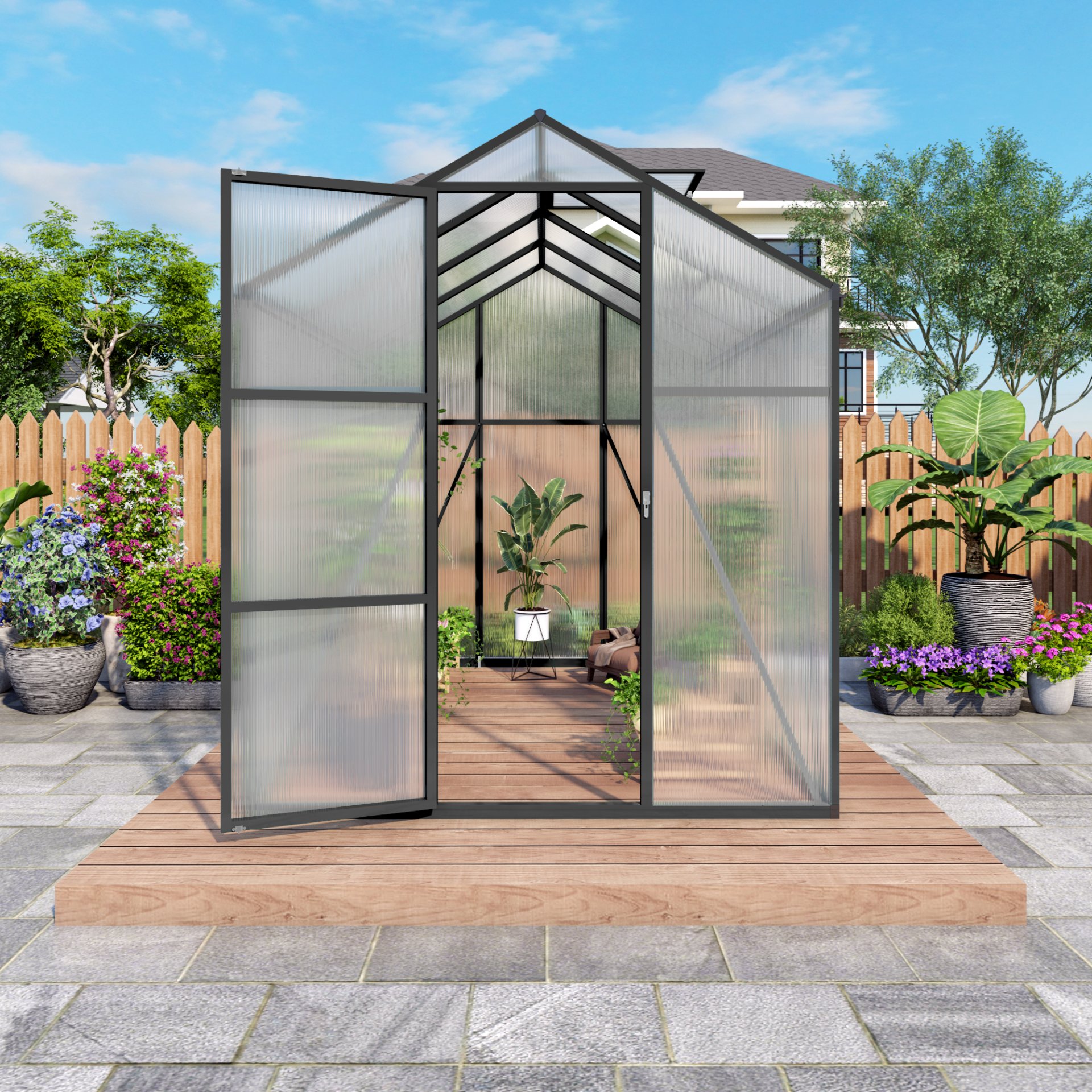 Gain Height Windproof Greenhouse 6 X 8 Ft Polycarbonate With Raised Base And Anchor Alloy Frame, All Season Outdoor Garden Shelter - Black - Image 7
