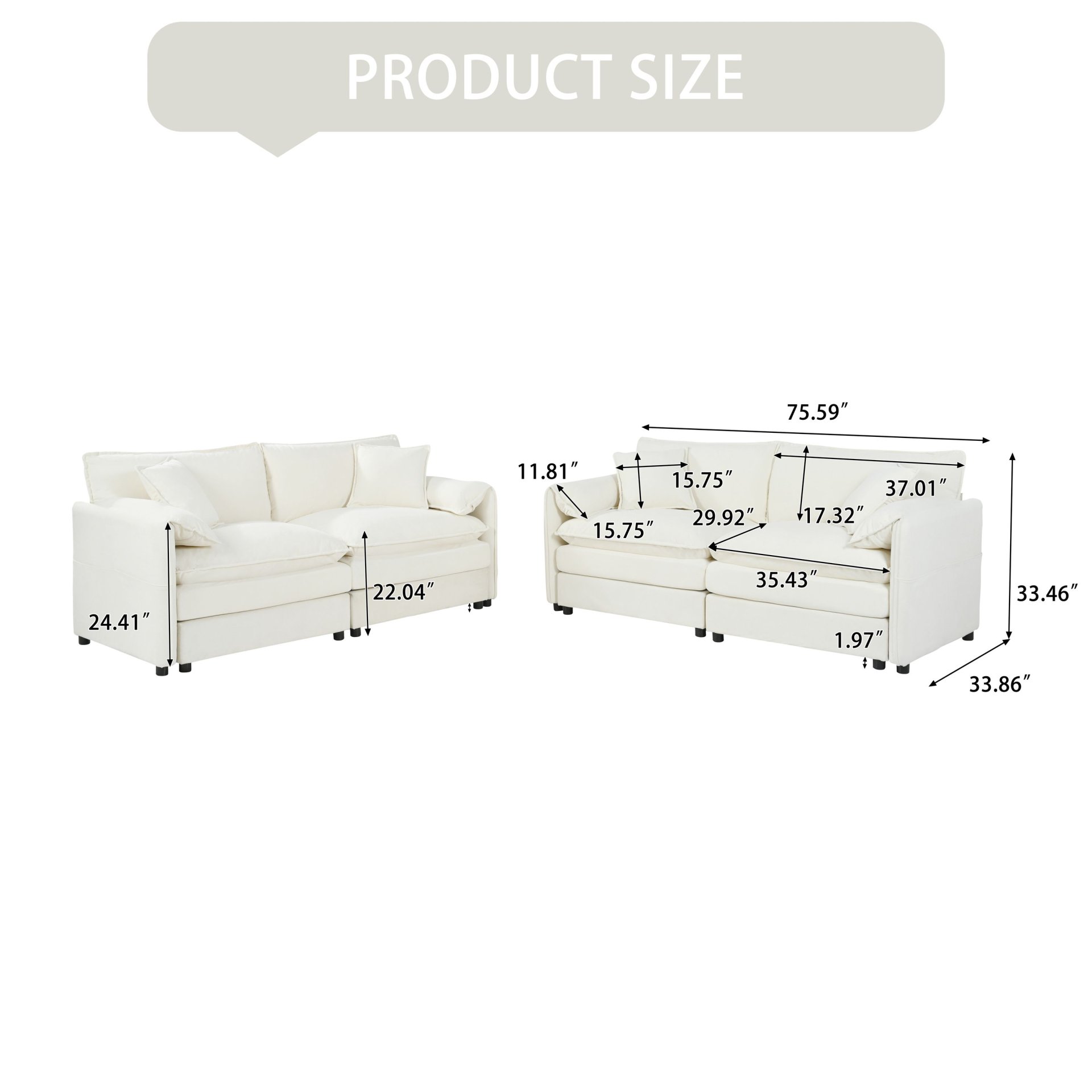 Oversized Deep Seat Luxury 2 Piece Sofa Set, Modern Chenille Comfy Cloud Couches With 4 Pillows - Beige - Image 3