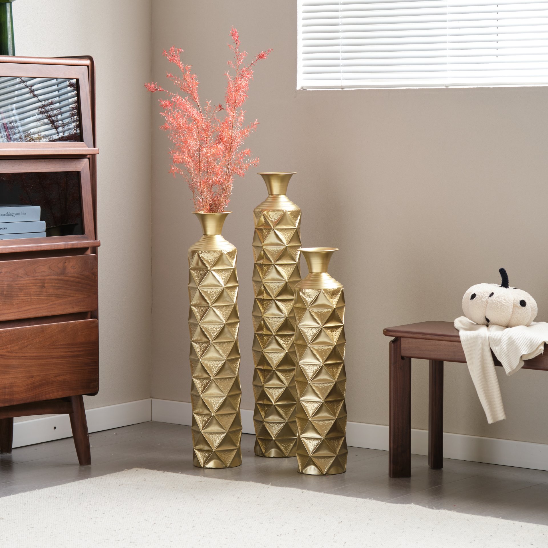 Metal Decorative Vase High Distress Metal Center Vase With 3D Triangle Pattern, (Set of 3) Vases For Home Decoration - Gold - Image 12