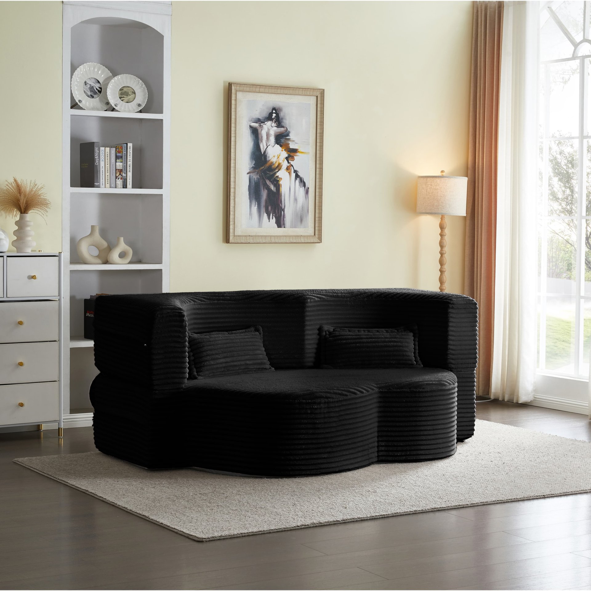 Floor Sofa With 2 Pillows, Convertible Plush Corduroy Foam Filled Sleeper Sofa Bed - Black - Image 5
