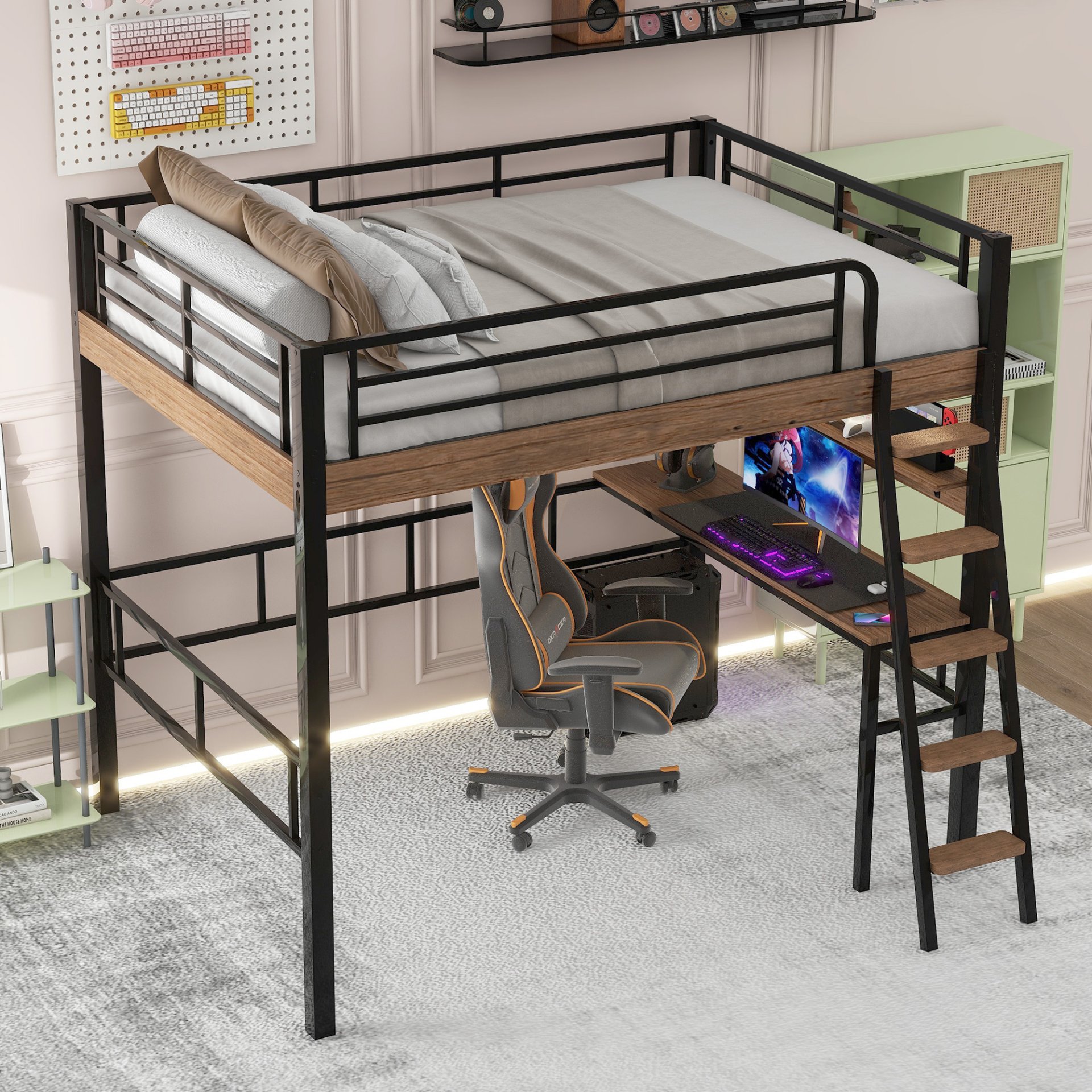 Full Size Loft Bed With LED, Built In Desk, Storage Shelf And Ladder - Black - Image 4