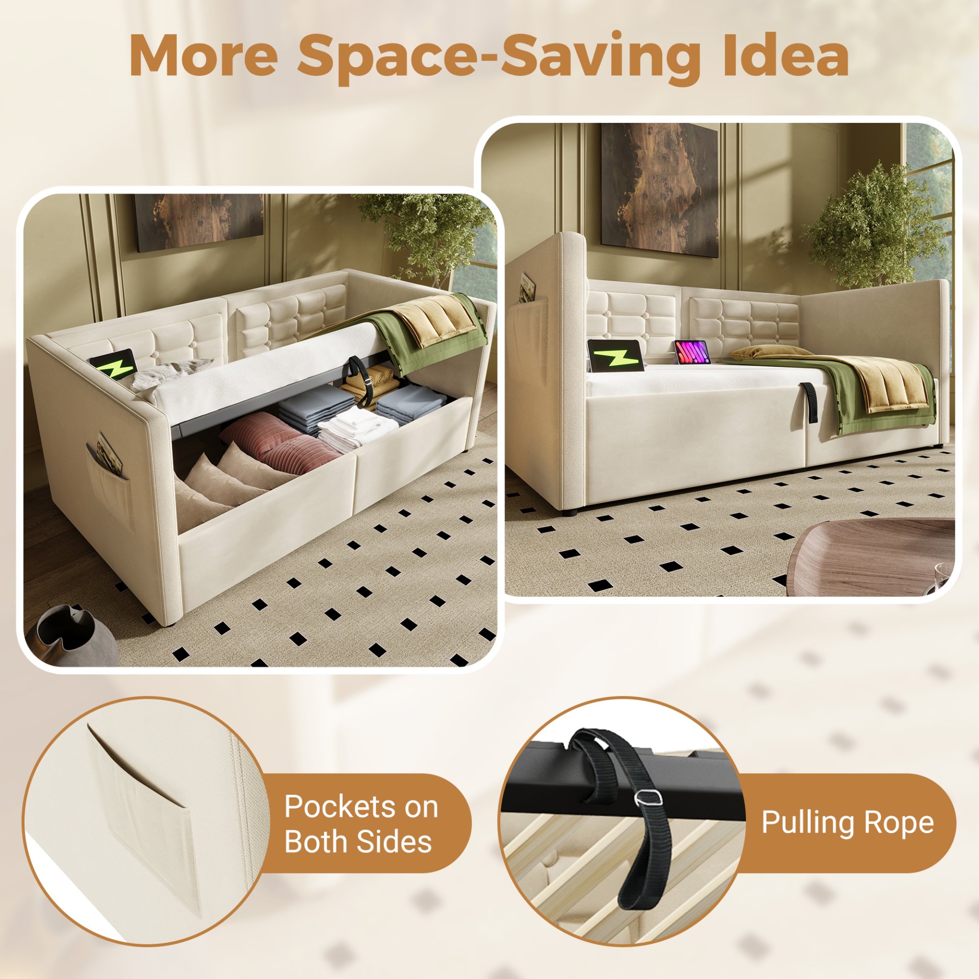 Twin Size Upholstered Hydraulic Storage Daybed With USB & Type C Charging - Beige - Image 6