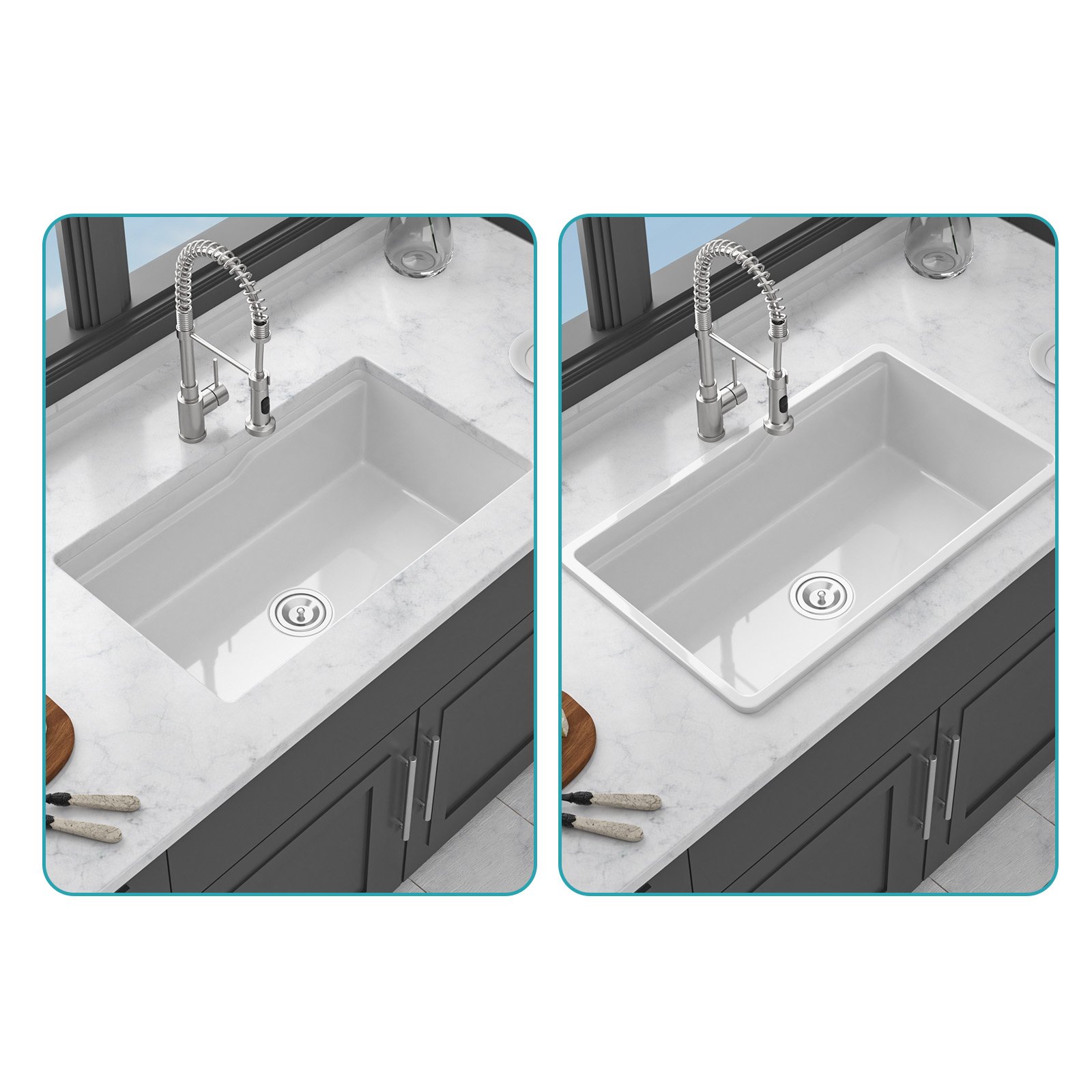 32" Undermount Workstation Single Bowl Kitchen Sink Rectangular Deep Bas With Dual Mount Installation - White - Image 9