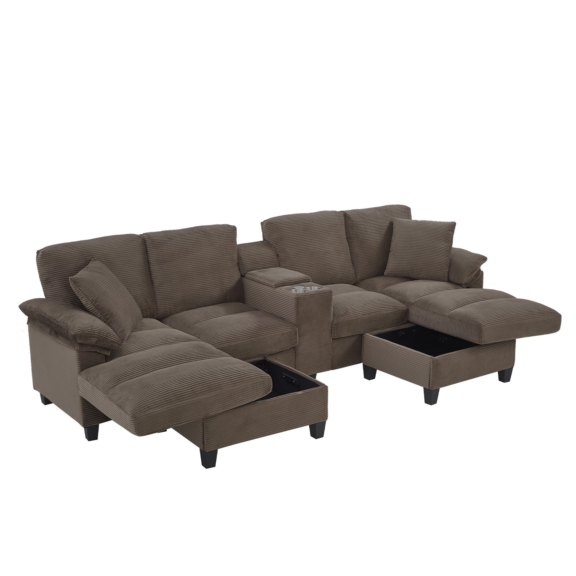 U-Shaped Sectional Sofa, Hidden Storage Ottomans, USB Ports, And Cup Holders - Brown - Image 6