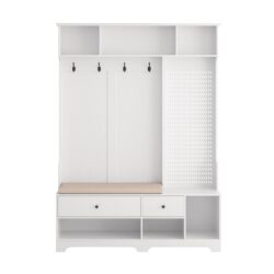 Hallway Hall Tree With Removable Cushion Bench, Coat Rack, Storage Shelves - White