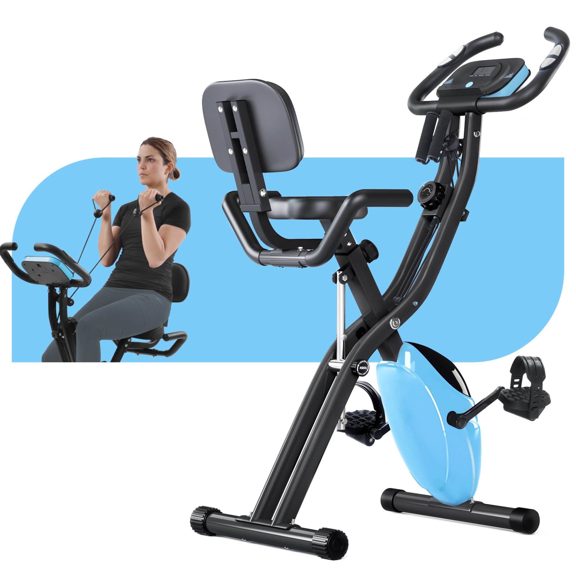 Workout Bikes, Folding Stationary For Home With 16 Level Magnetic Resistance, Indoor Exercise Equipment With Heart Rate Sensor & LCD Monitor - Light Blue - Image 3