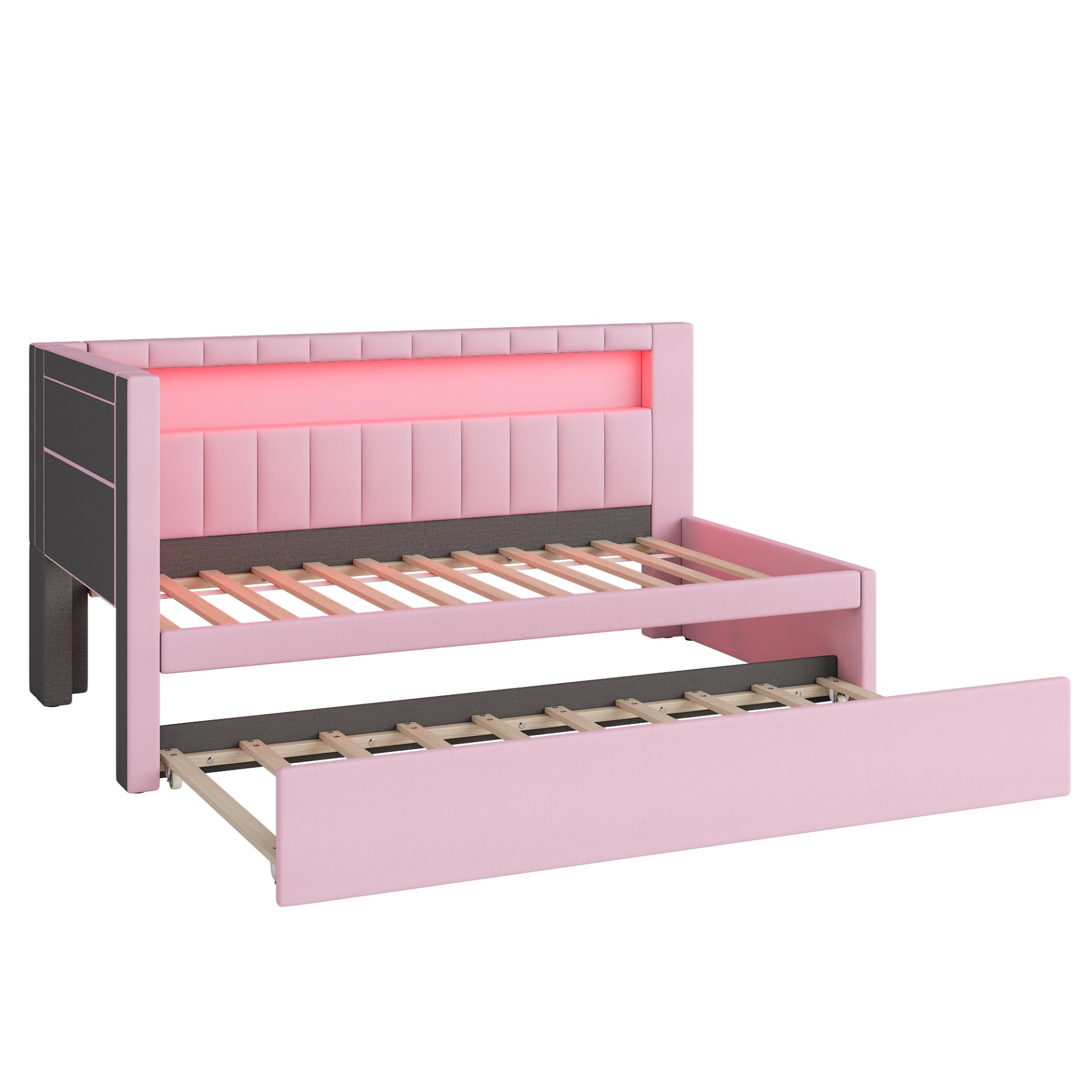 Twin Upholstered Platform Bed With USB Ports And LED Belt, Includes Trundle - Pink - Image 12