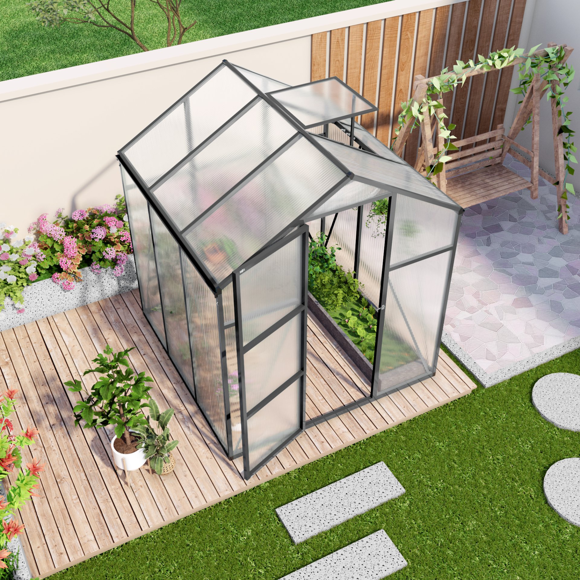 Gain Height Windproof Greenhouse 6 X 6 Ft Polycarbonate With Raised Base And Anchor Alloy Frame, All Season Outdoor Garden House - Black - Image 7