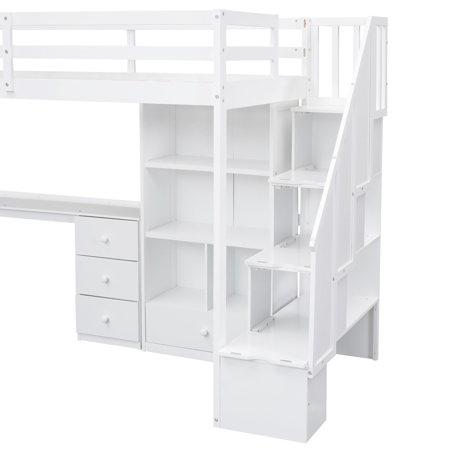 Twin Size Loft Bed With L-Shaped Desk, Drawers, Cabinet And Storage Staircase - White - Image 13