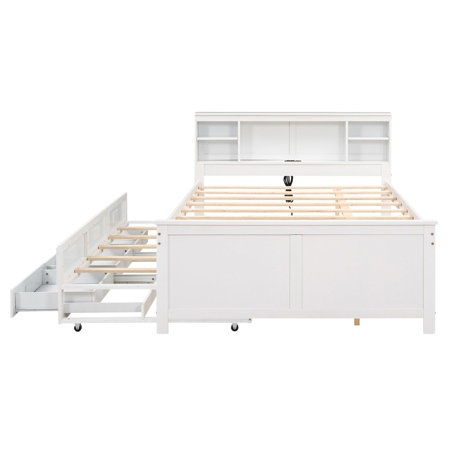 Full Size Platform Bed With Storage Headboard, USB Ports, Twin Trundle, 3 Drawers Construction - White - Image 11