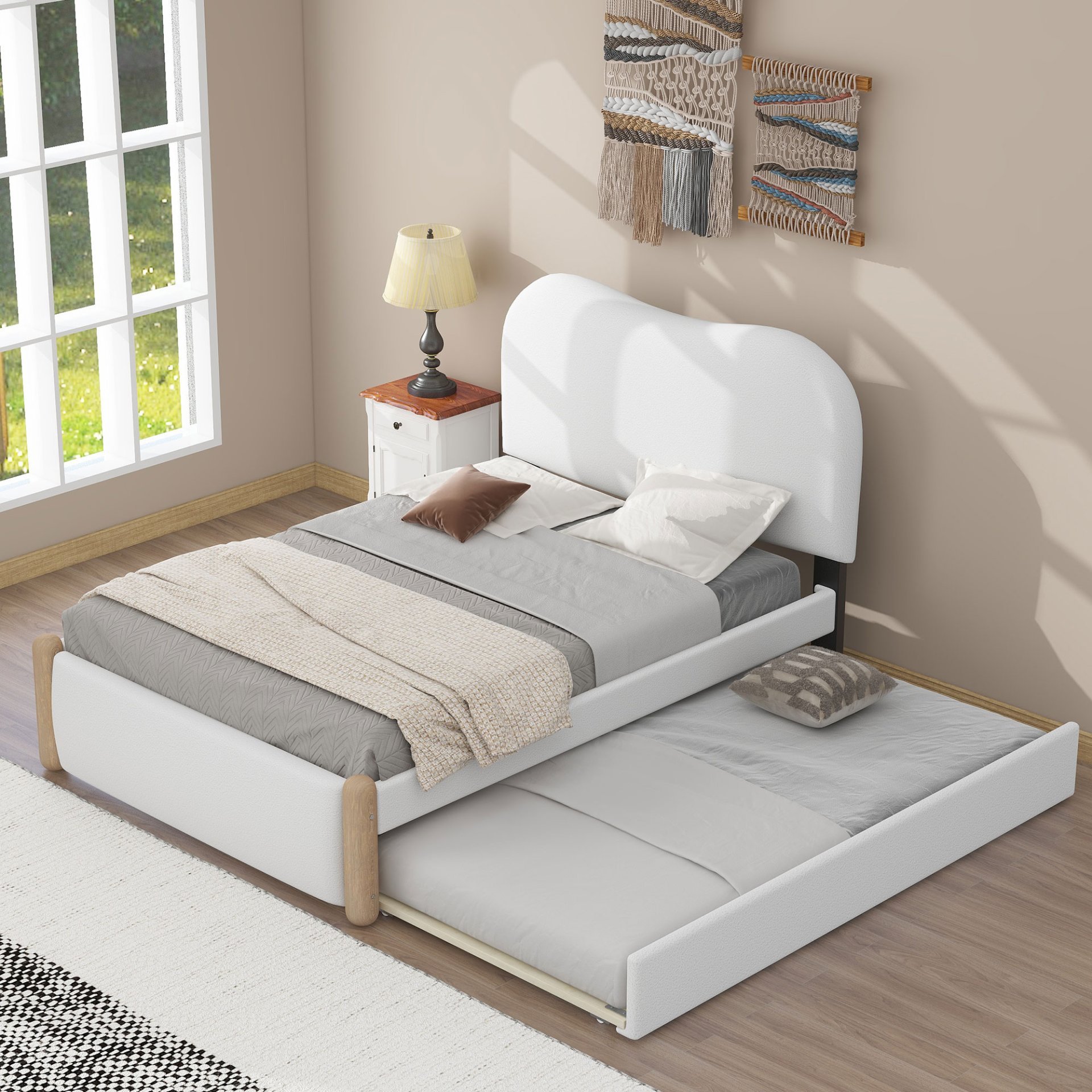 Twin Size Upholstered Platform Bed With Twin Trundle - White - Image 2