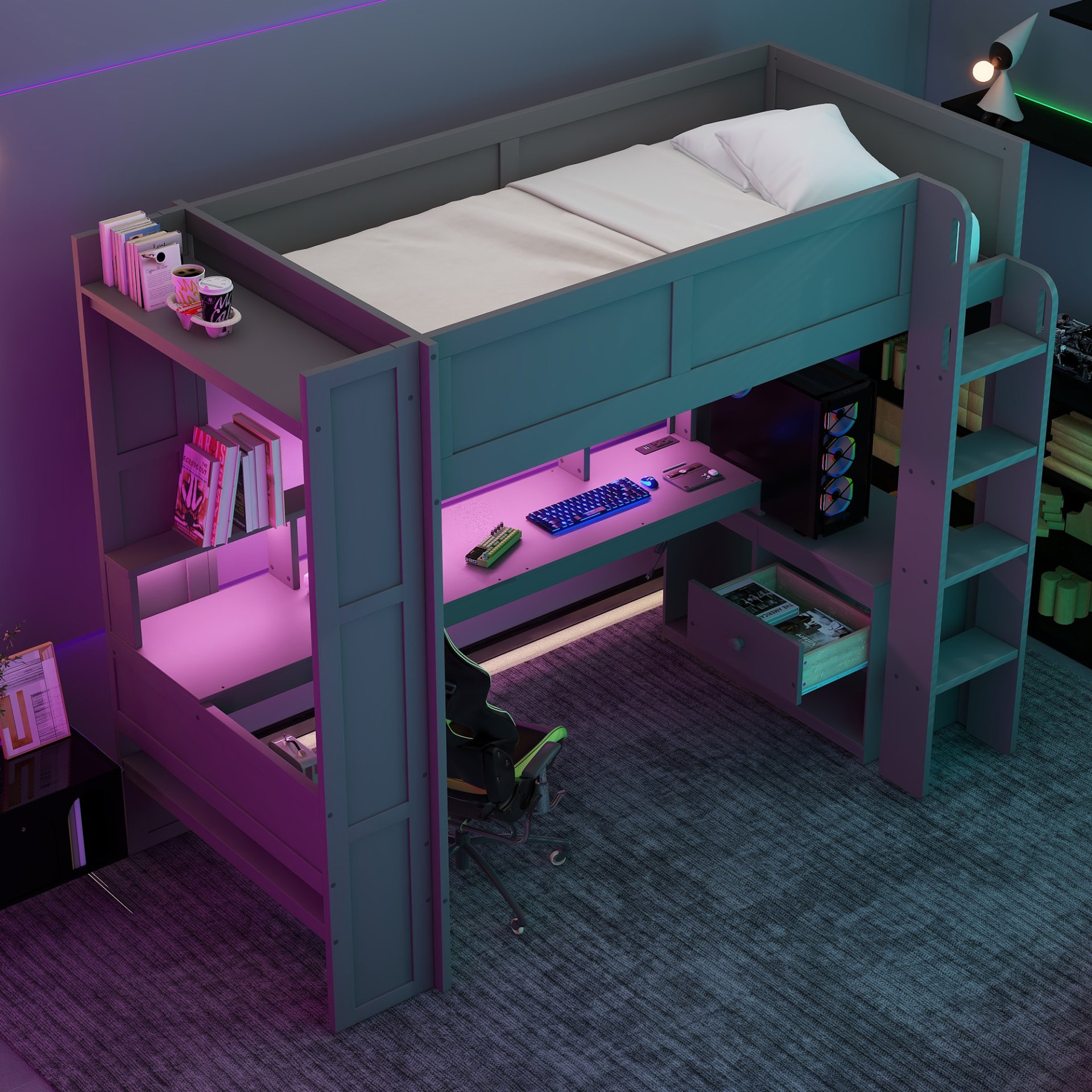 Twin Size Gaming Loft Bed With Desk, Multi Storage Shelves, LED And Charging Station - Dark Gray - Image 7