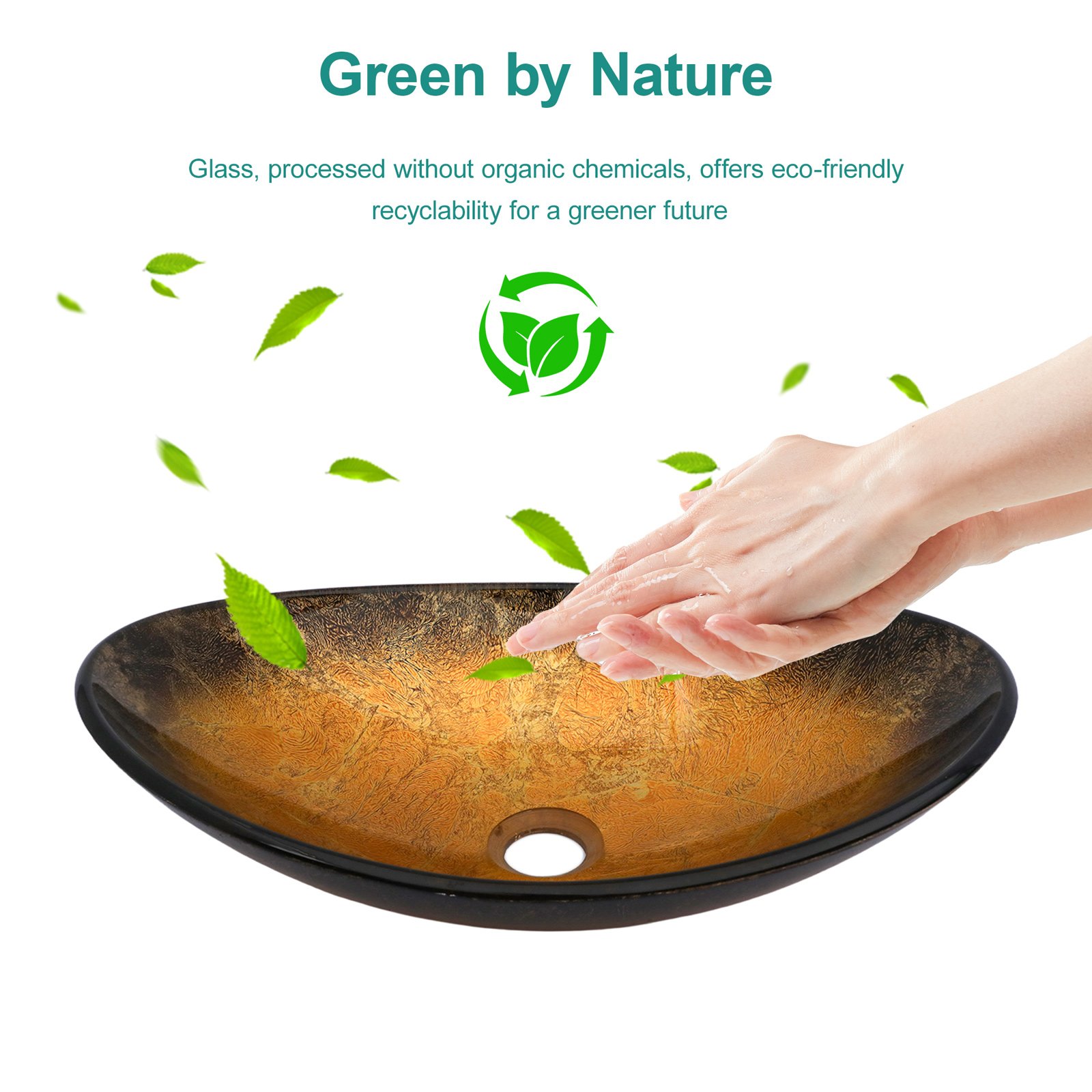 Veined Vessel Sink With Pop Up Drain, Boat Shape Bathroom Sink Above Counter - Gold - Image 4