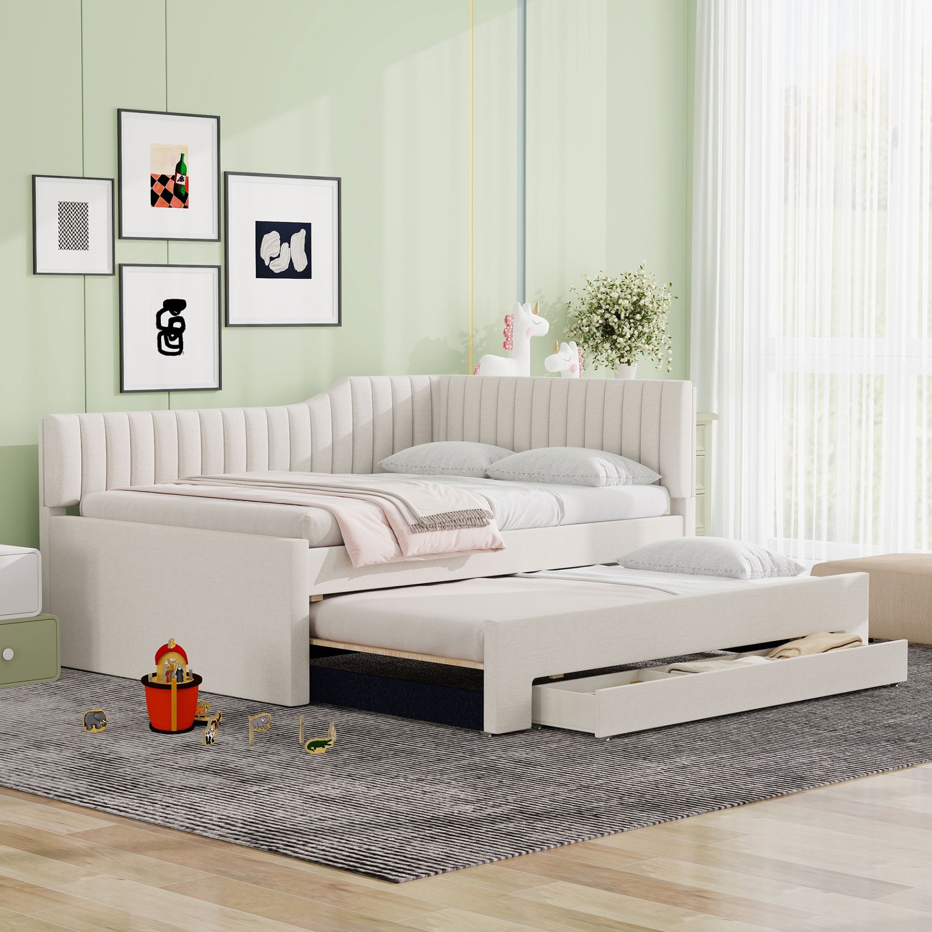 Full Size Upholstered Daybed With Trundle And 3 Drawers - Beige - Image 5