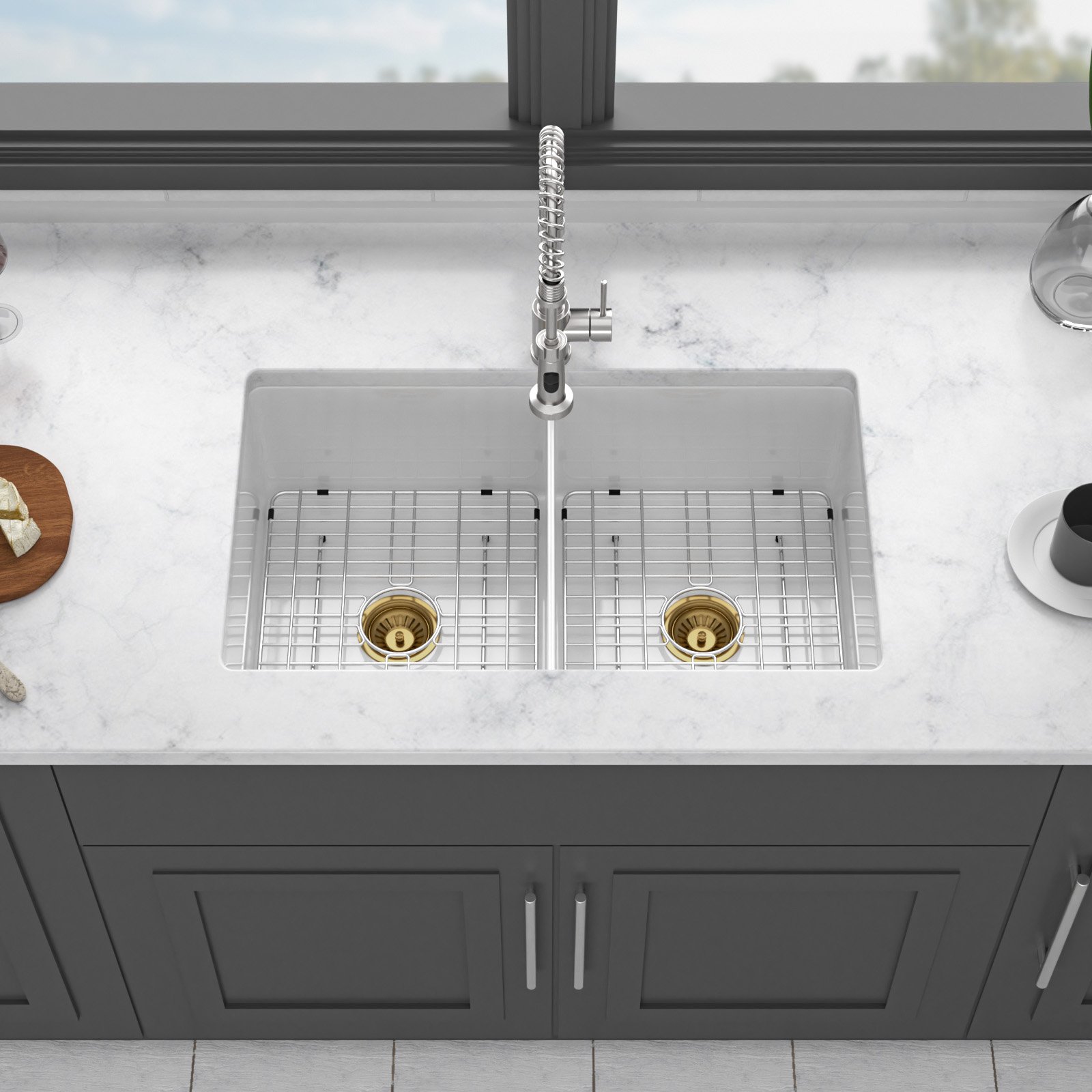 32" Undermount Double Bowl Kitchen Sink Rectangular Deep Dual Bas With Grids - White - Image 2