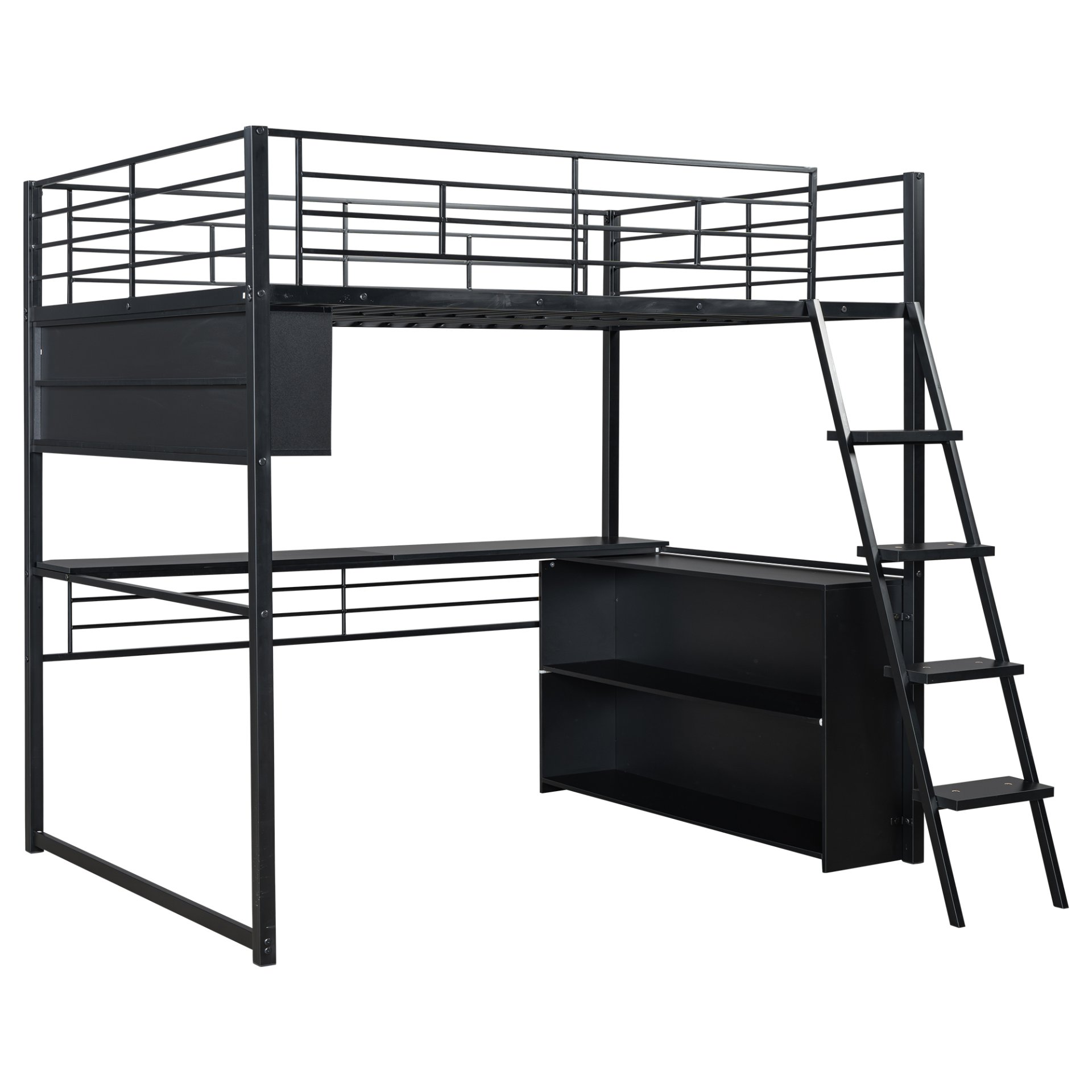 Full Size Loft Bed With LED Desk And 4 Storage Shelves - Black - Image 10