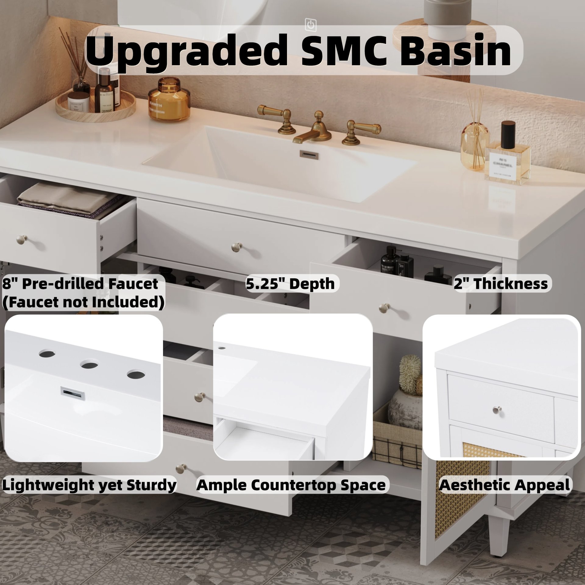 Bathroom Vanity With Sink, Soft Close Drawers - White - Image 9