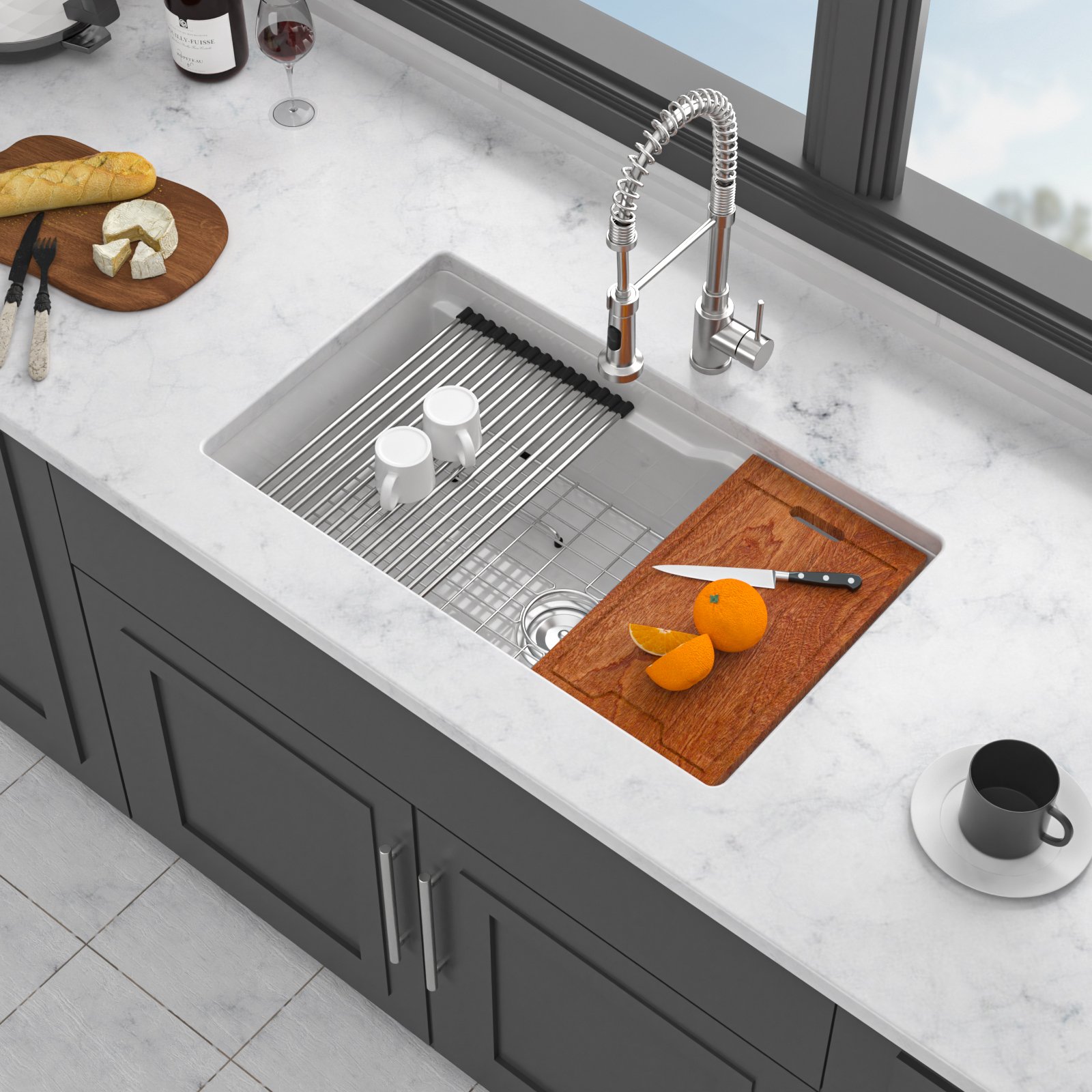 32" Undermount Workstation Single Bowl Kitchen Sink Rectangular Deep Bas With Dual Mount Installation - White - Image 7