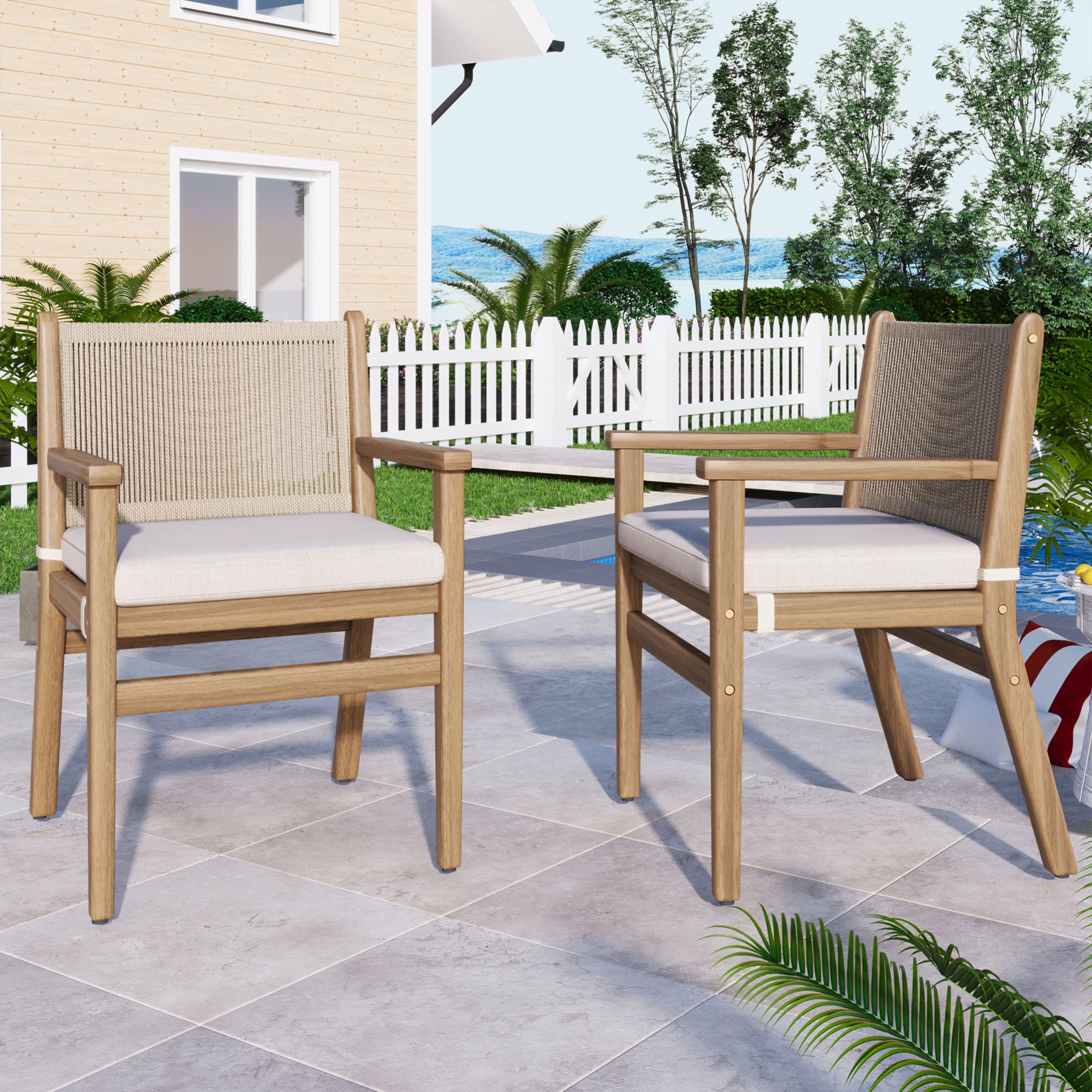 Outdoor Dining Chairs, Patio Armchair With Rope Design Back (Set of 2) - Light Brown - Image 2