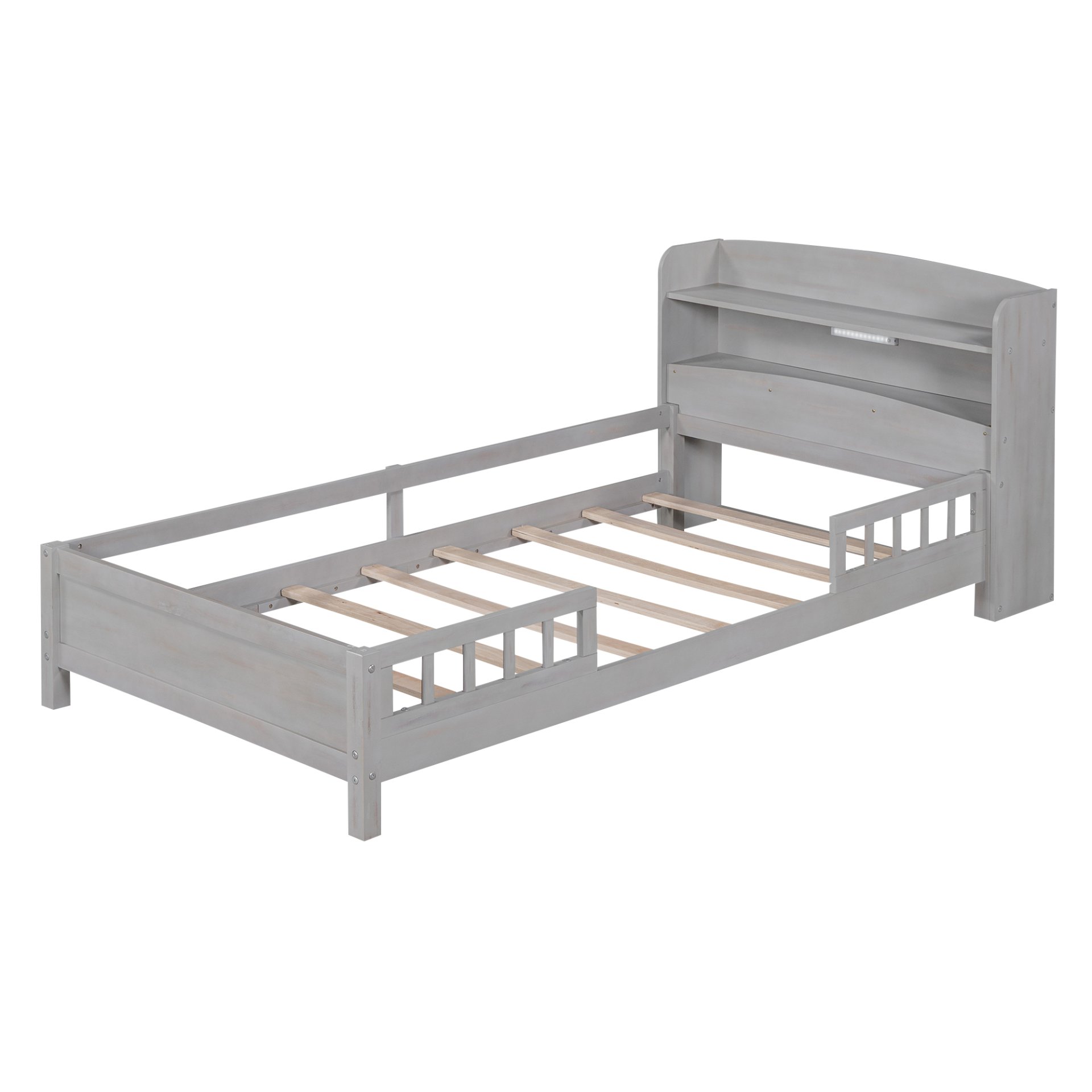 Twin Size Platform Bed With LED Light, Storage Headboard And Guardrail - Antique Gray - Image 7