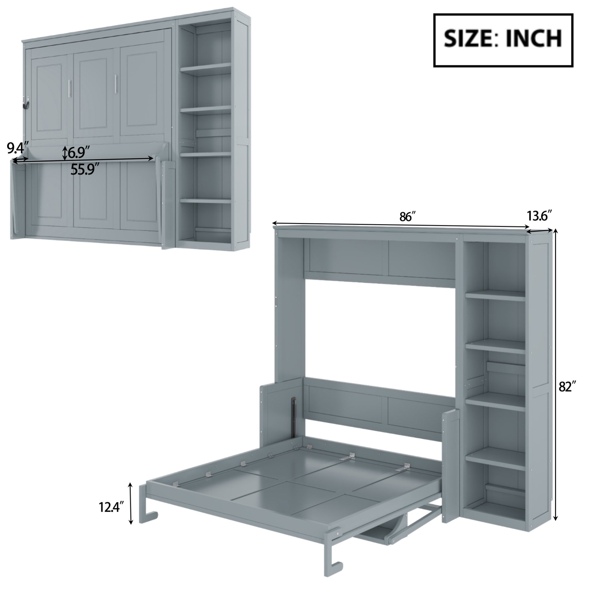 Full Size Murphy Bed With Desk And Bookshelf - Gray - Image 3
